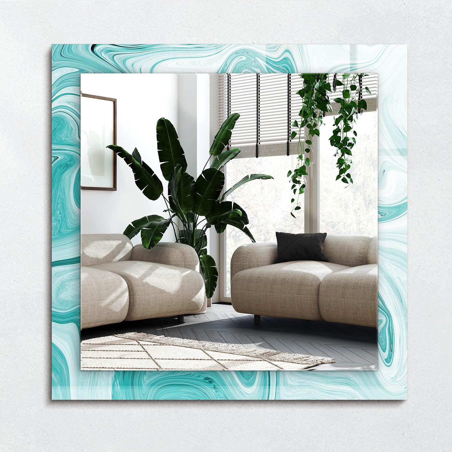 Miroir 60x60 cm carré sans cadre motif marbre abstrait pour salle de bain