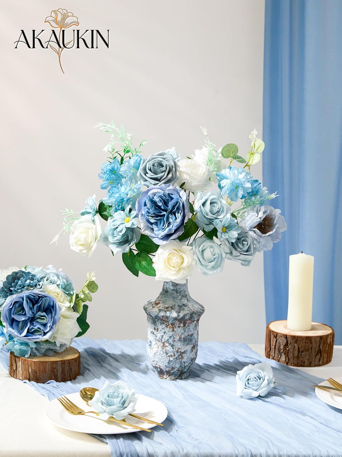 Blue Artificial Flowers Combo, Fake Silk Dahlia Roses Bulk, Faux Bouquet with Stems Box Set for Wedding Arrangements, Bridal Floral, Baby Shower, Table Centerpieces, Birthday Party, Home Decoration
