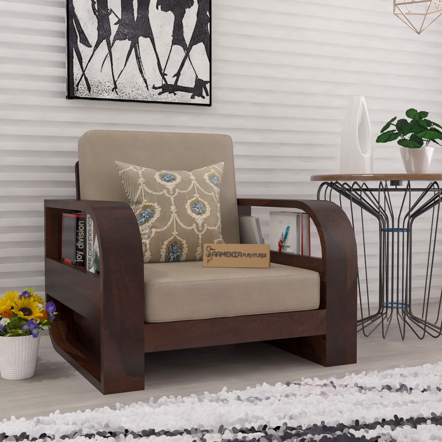 SAAMENIA FURNITURES Wooden 1 Seater Sofa Set for Living Room | One Seater Sofa for Office & Lounge | Sheesham Wood, Walnut-image-34