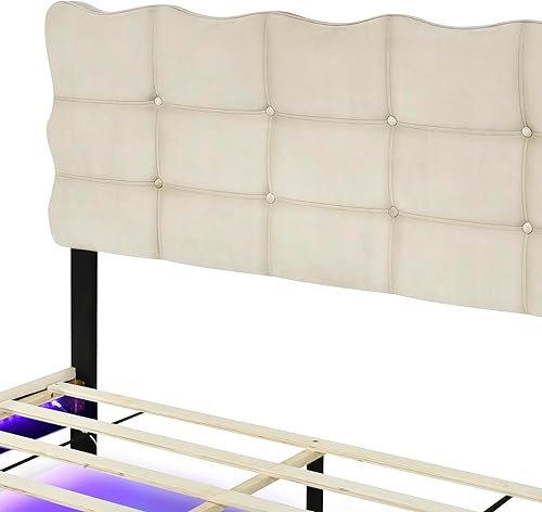 Miniatura 233 de Base de cama flotante tamaño Queen con luces LED y carga USB, marco de cama LED de plataforma tapizada moderna, no necesita somier (blanco-1)