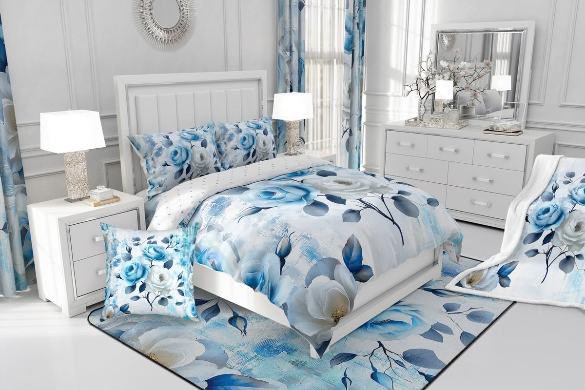 Erosebridal 7-Piece Girls Flower Bedding Queen Size Rose Floral Comforter Set for Women, Blue Gradient Bedding Comforter Sets Vintage Ombre Bed in a Bag, Oil Painting Aesthetic Bedding Room Decorative