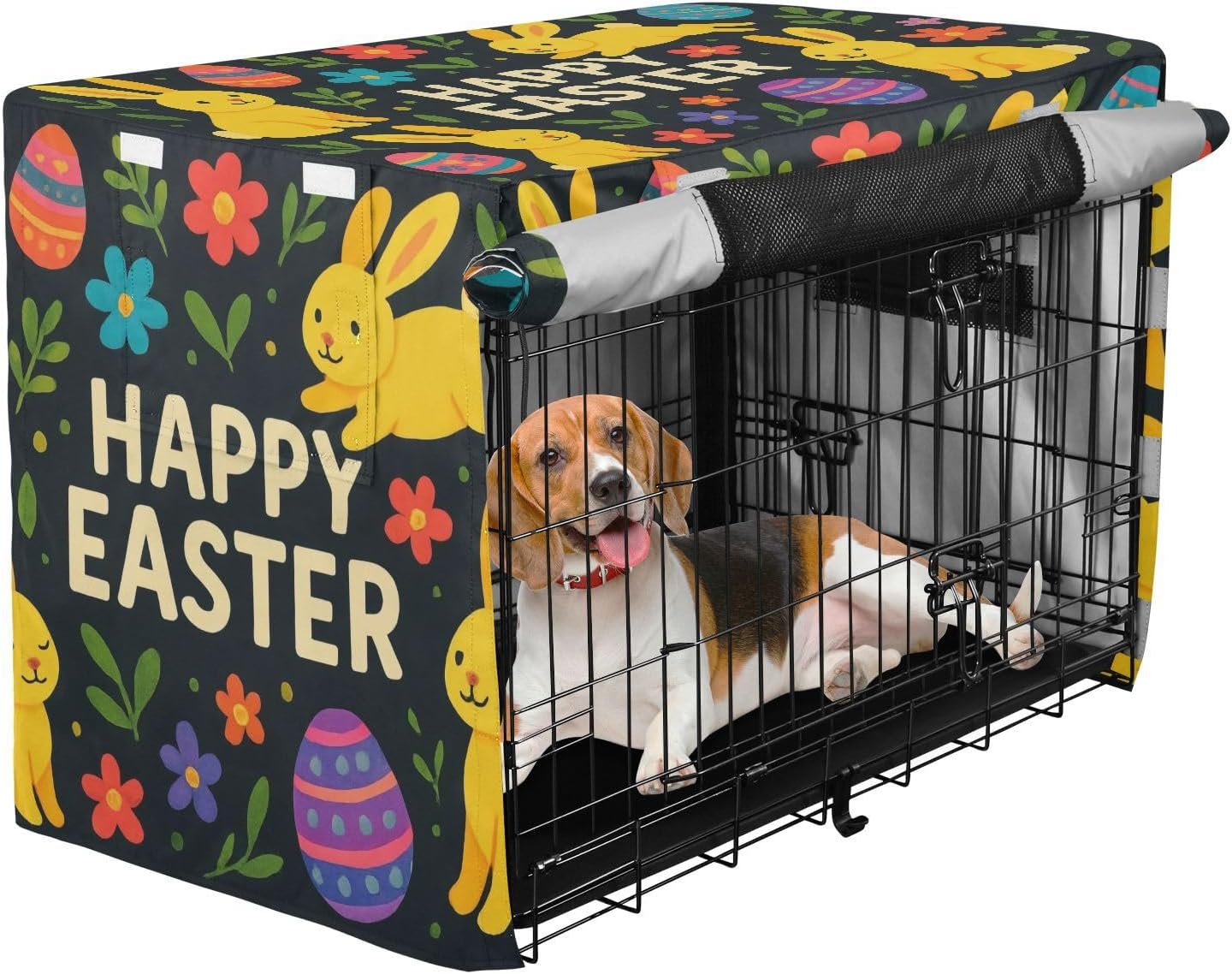 Cute Easter Bunnies Black Pet Crate Cover with Roll-up Sides, UV-Resistant Dog Cage Covers, Large