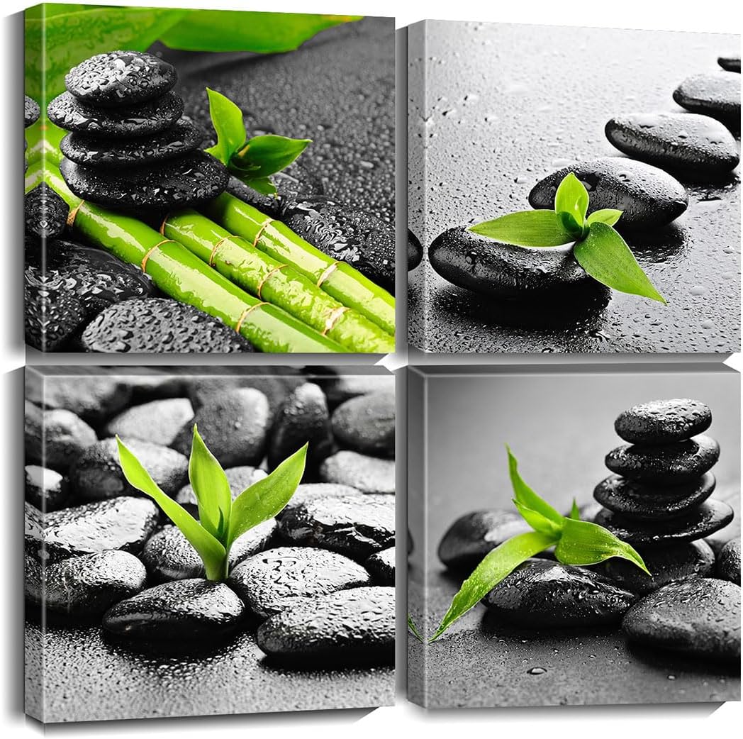 Biufo Zen Stones Canvas Wall Art Pictures Relaxed Print Artwork for Bathroom Yoga Spa Room Decor (Black, 12"x12"-4Pcs)