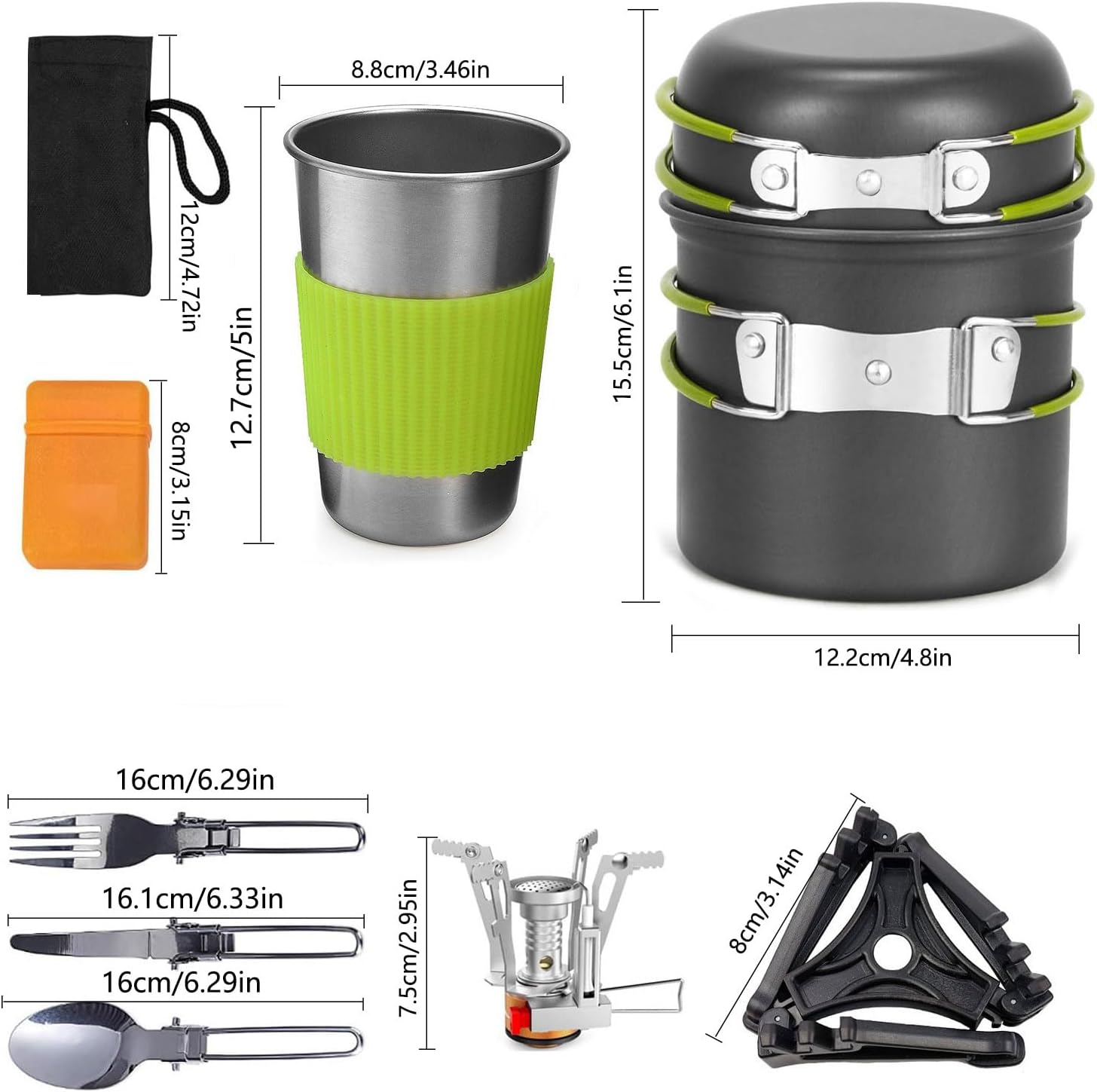 Camping Cookware Stove Carabiner Canister Stand Tripod and Stainless Steel Cup, Tank Bracket, Fork Spoon Kit for Backpacking, Outdoor Camping Hiking and Picnic