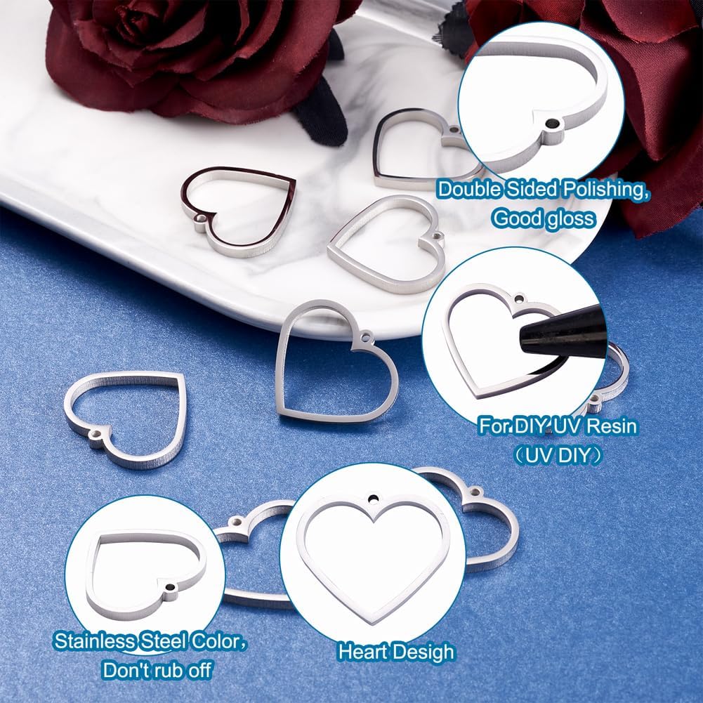 Pandahall 10Pcs Stainless Steel Heart Shape Open Back Bezel Pendants 26x30x3mm Bezel Hollow Mold Pressed Flower Charms with Loop for DIY UV Resin Jewelry Making - Image 2
