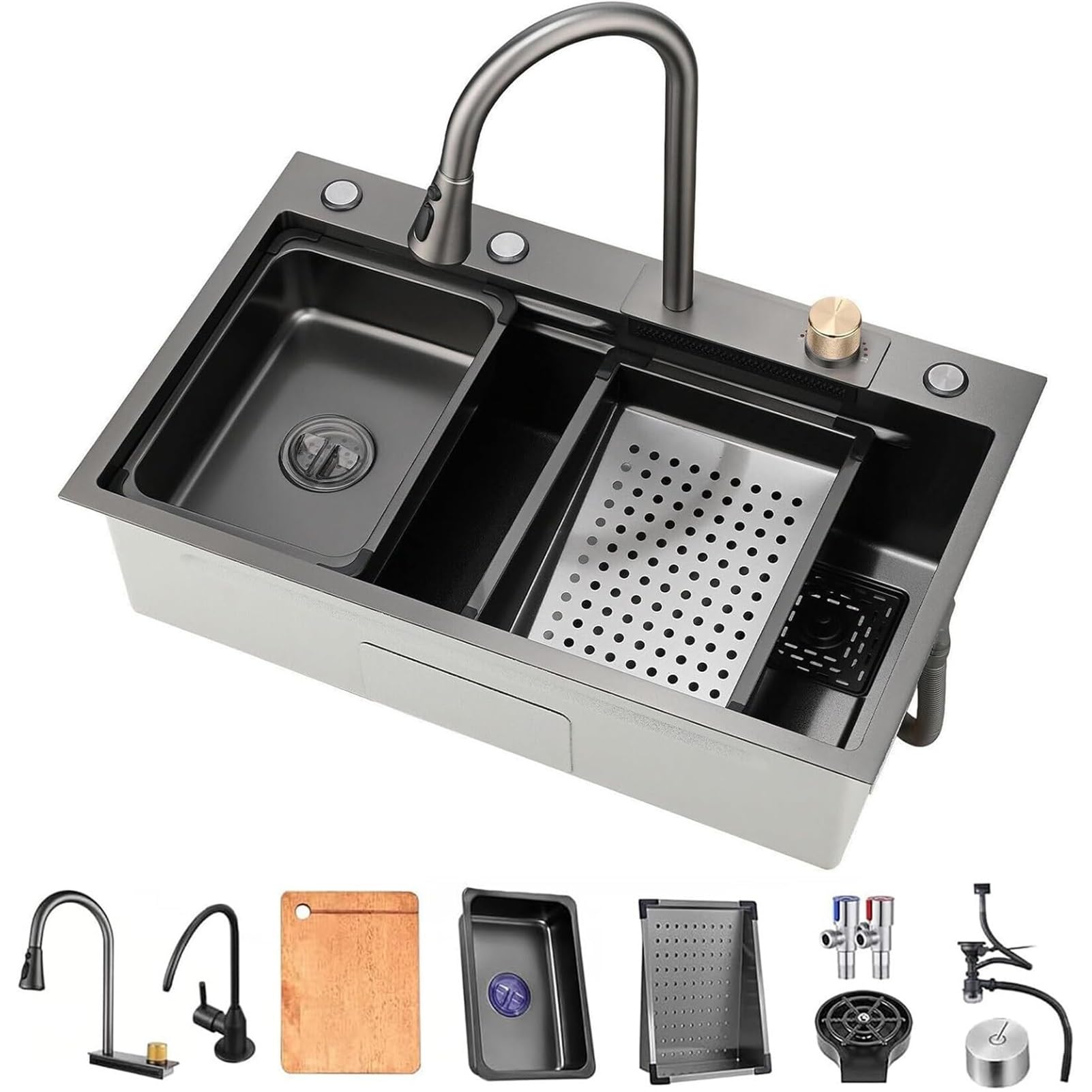 ZQFHSX Drop in Waterfall Kitchen Sink, Stainless Steel Single Bowl Workstation Multifunctional Modern Sink with Pull Down Sprayhead Faucet & Accessories(C,80x45x22cm)