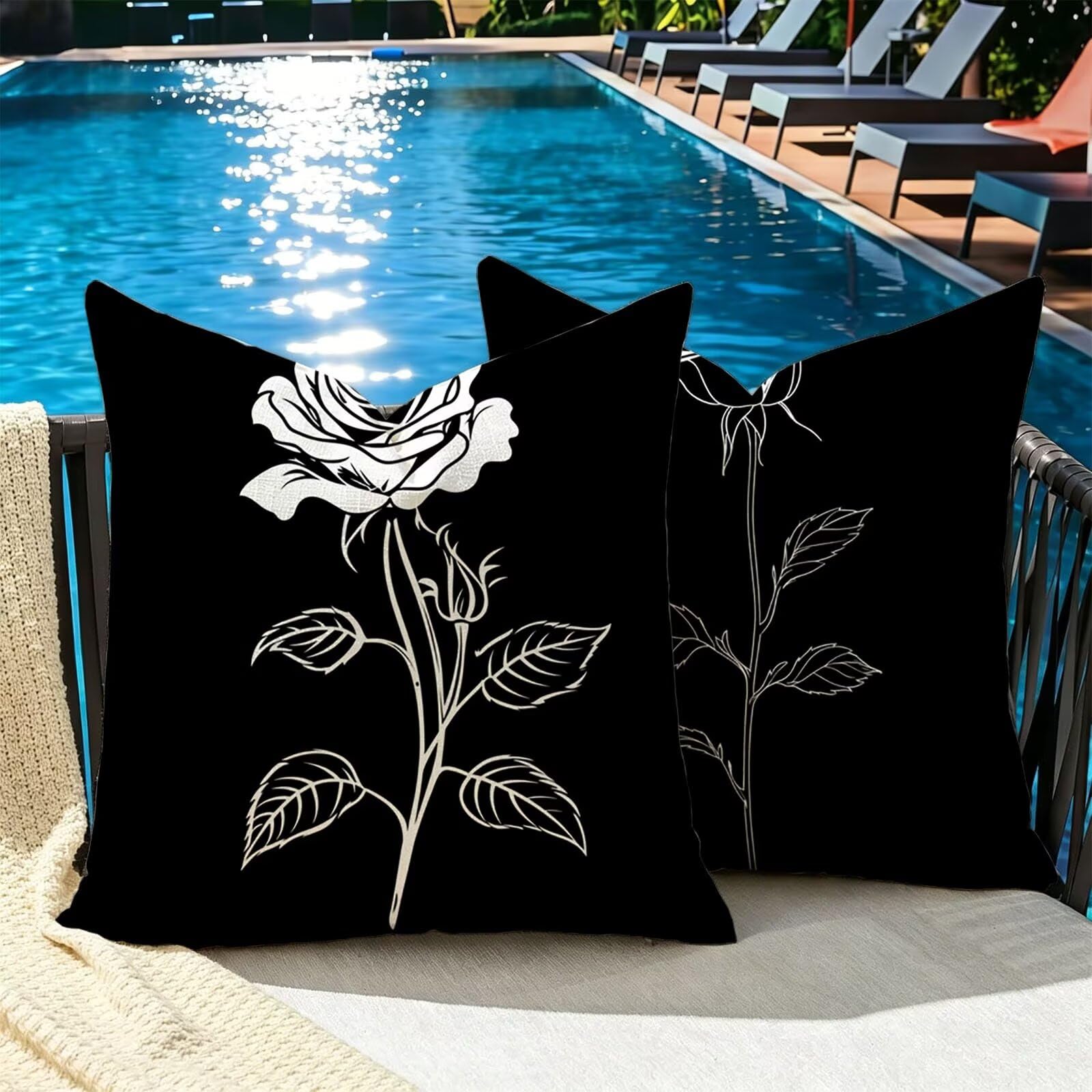 Kissenbezug 65x65cm Outdoor Kissen 2er Set Schwarz Blume Samt Dekokissen