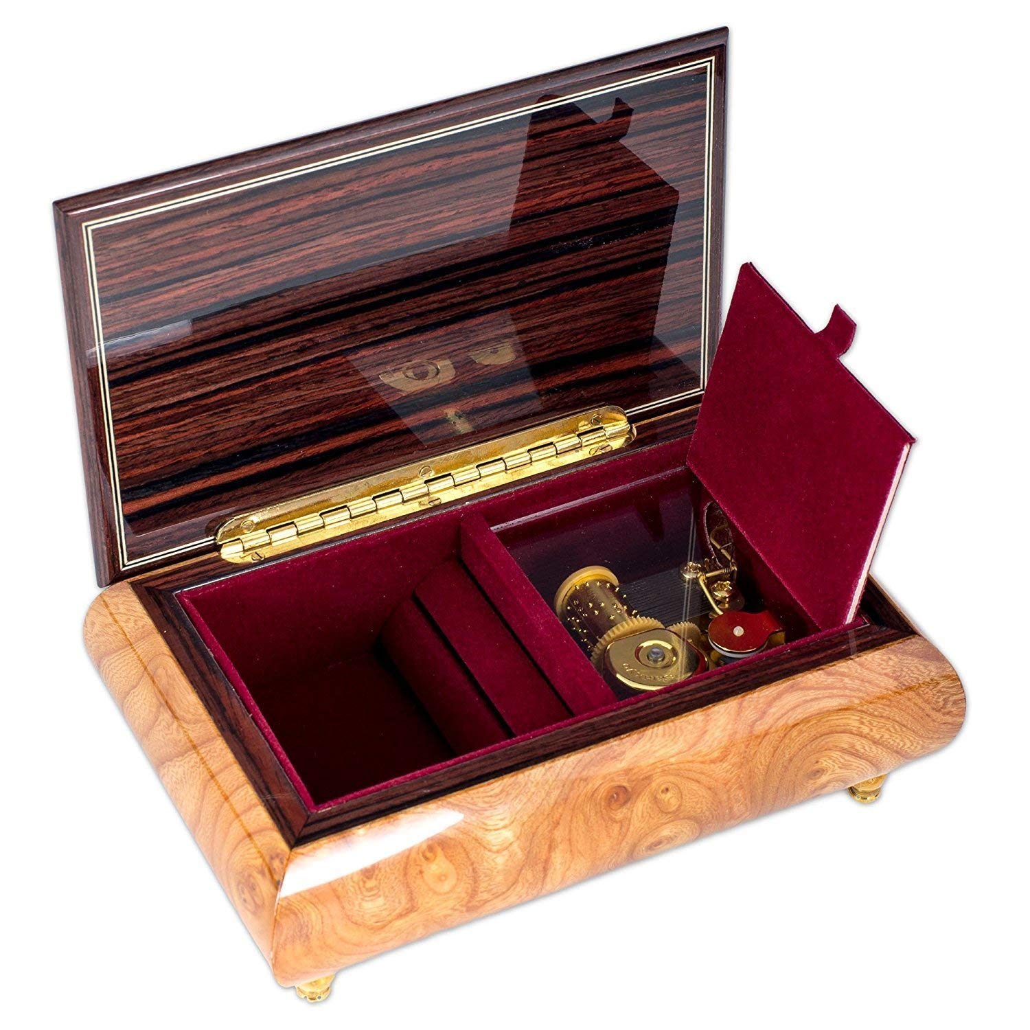 Caja Musical de Madera Natural de Olmo con Incrustaciones Italianas Hechas a Mano