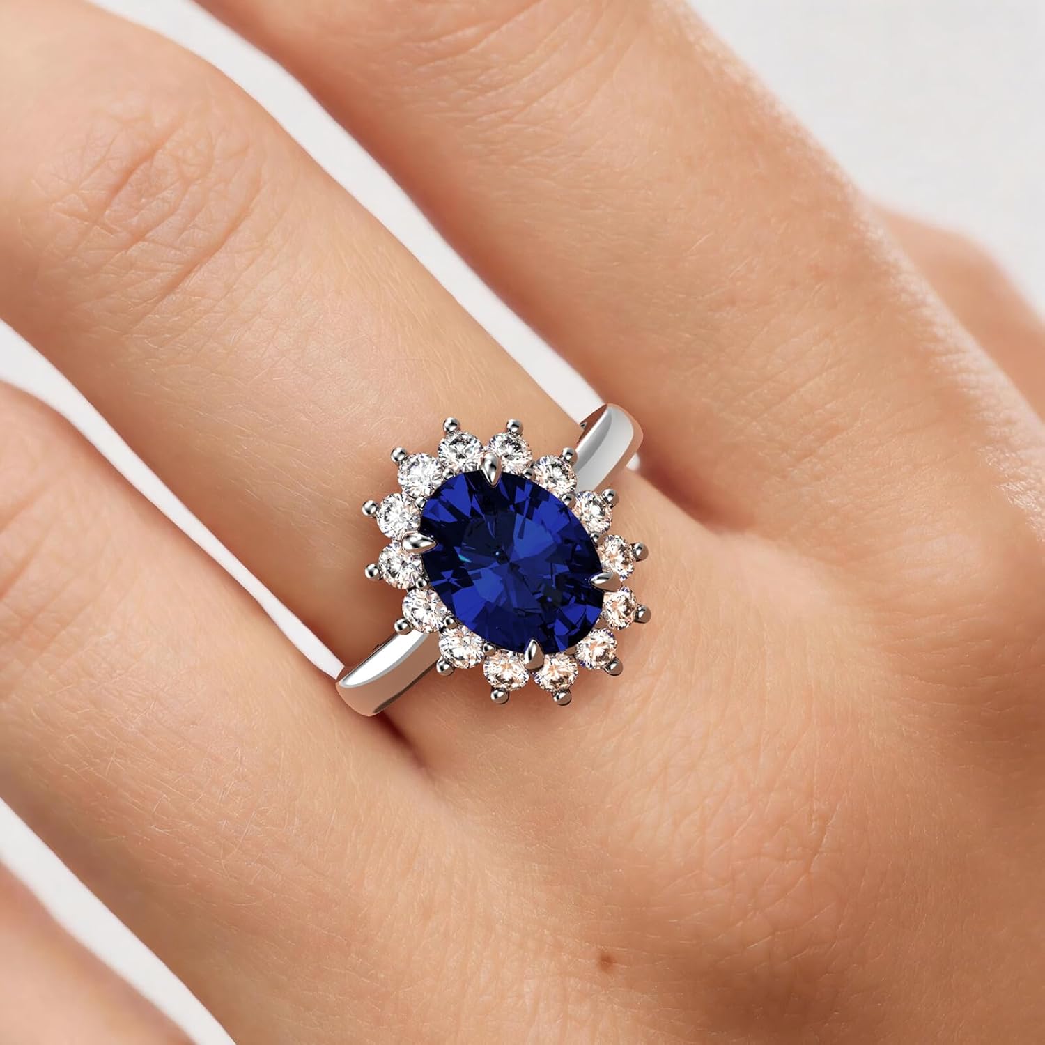 MSBLUE 3 Carat Lab Grown Oval Sapphire Engagement Ring, 14K White Gold Vermeil, Moissanite Halo, Princess-Inspired
