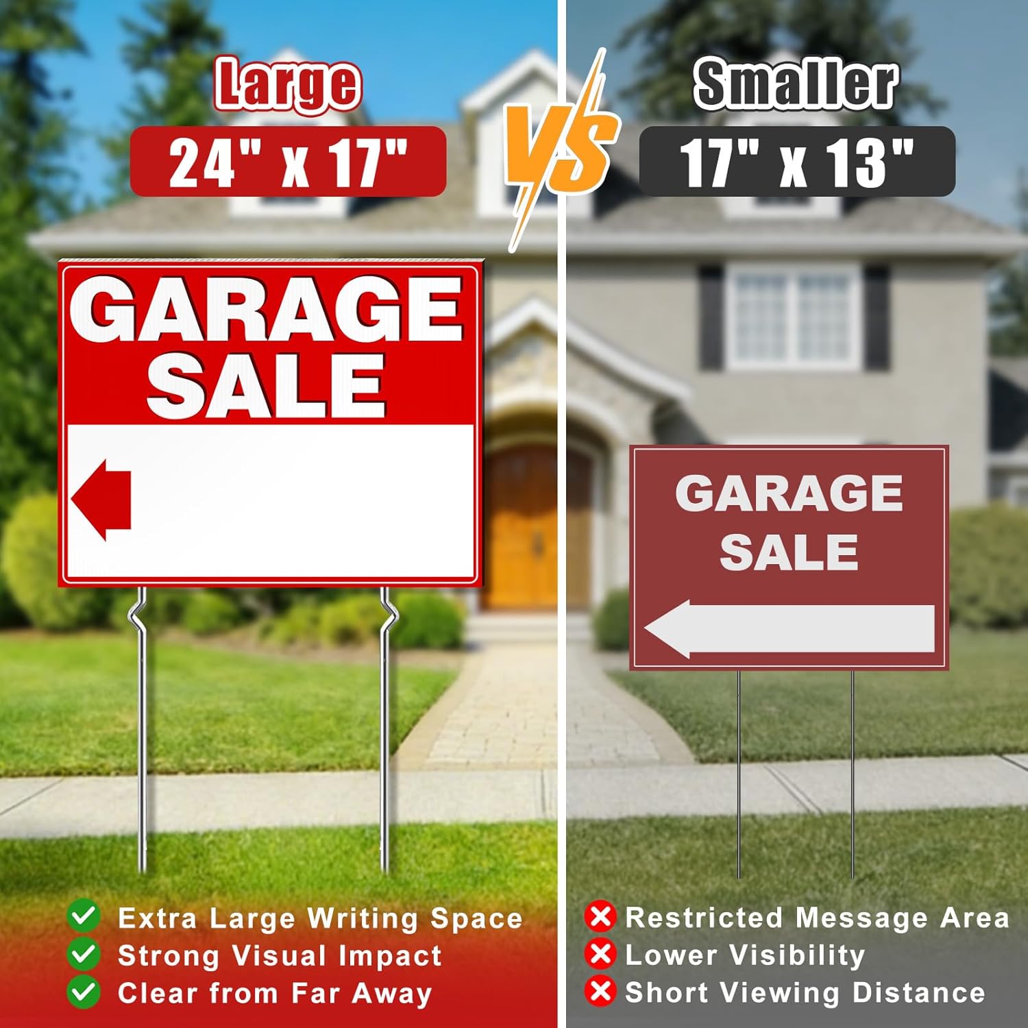 Cyrico Garage Sale Signs 24" x 17", 3Pcs Foldable Extra-Large Yard sale Signs with Metal Stakes Double Side, Weatherproof Corrugated Plastic with Directional Arrow Stickers for Outdoor Event Supplies