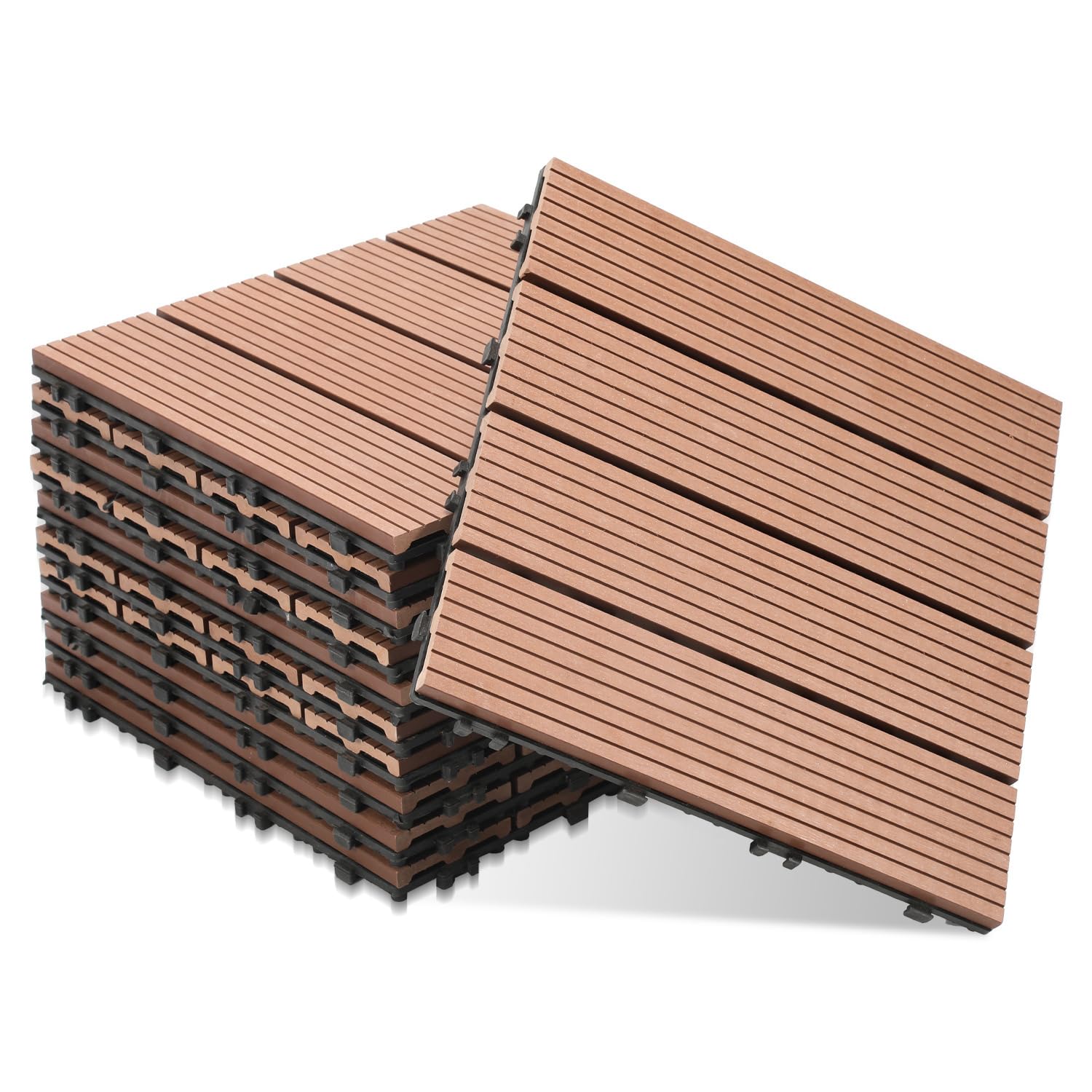 Gimisgu WPC - Piastrelle per terrazze, effetto legno, per balconi, terrazze, piastrelle a clic, in plastica, con drenaggio, per balcone e giardino, set da 55 pezzi, per 5 m², colore: marrone