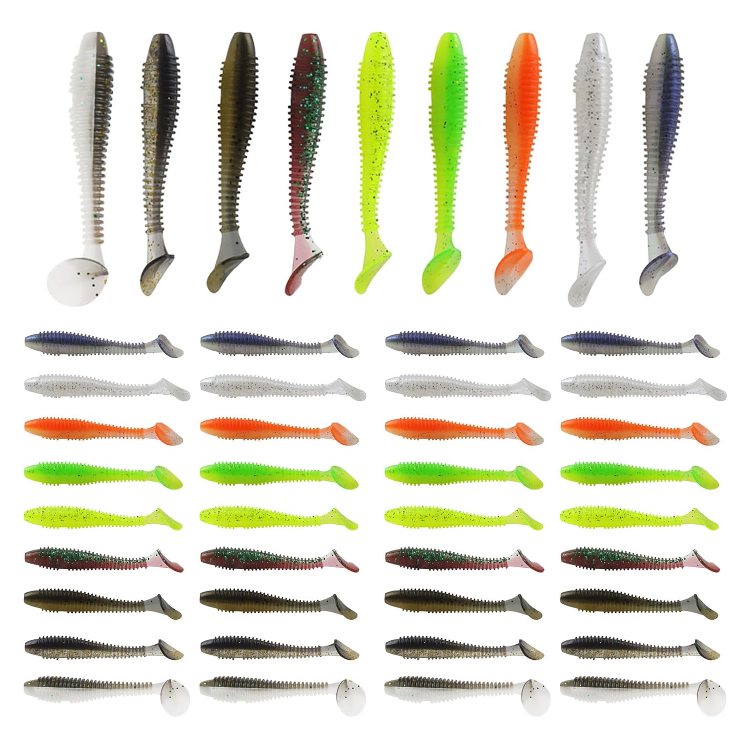 45 esche in plastica morbida, esche da nuoto a coda di pagaia, esche da nuoto per pesca alla spigola, coda da pagaia, esche Crappie - 9 colori e 6,5 cm