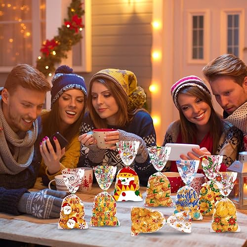 Miniatura 6 de DULEFUN 160 bolsas de celofán de Navidad, 8 estilos, transparentes para dulces, galletas, golosinas, bolsas de celofán con lazos giratorios para