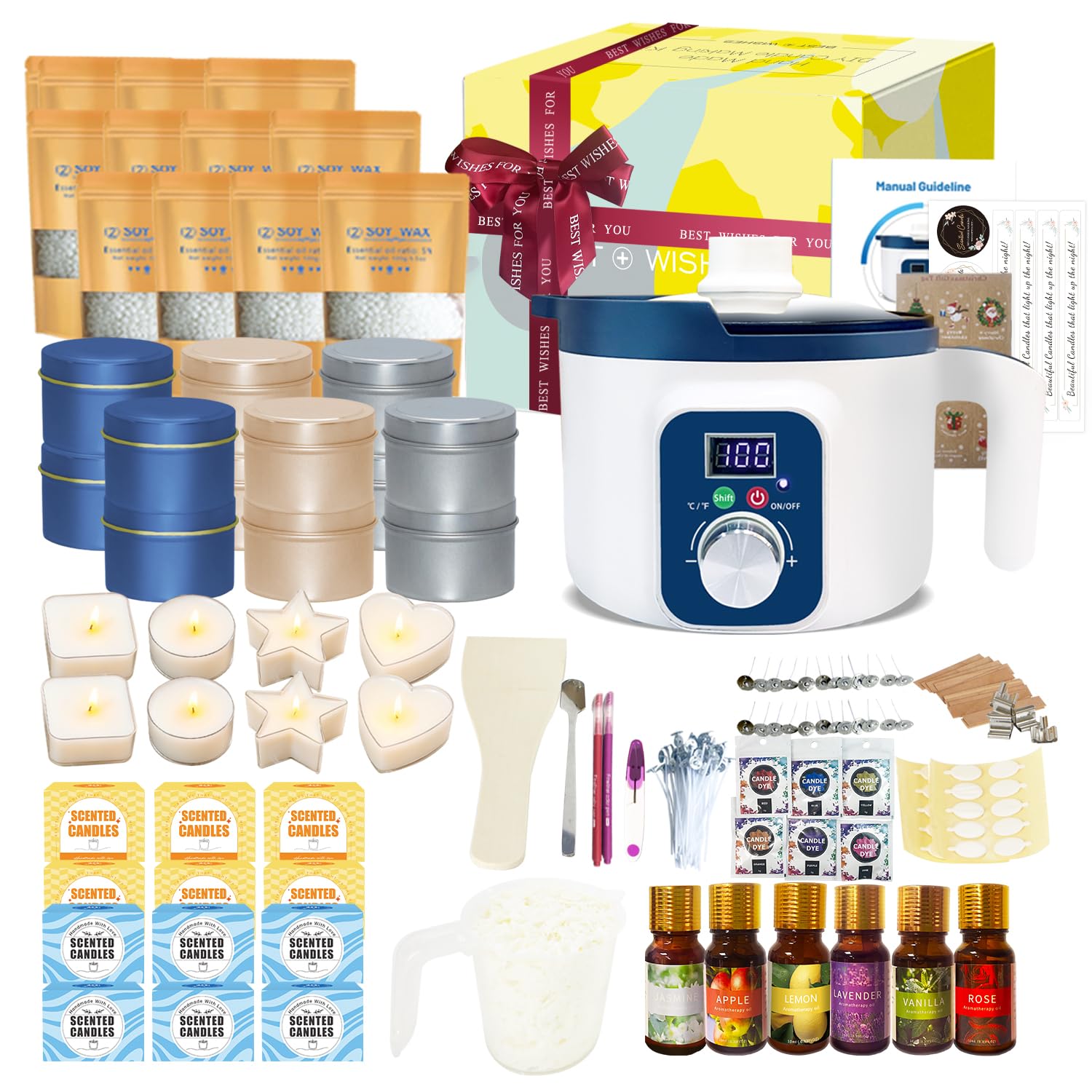 KQU Kerzen Selber Herstellen Set mit Digitalem Wachsschmelztopf, Komplettes Duftkerzen-Set für Kunst Und Handwerk, Deko für Kerzen Selber Machen