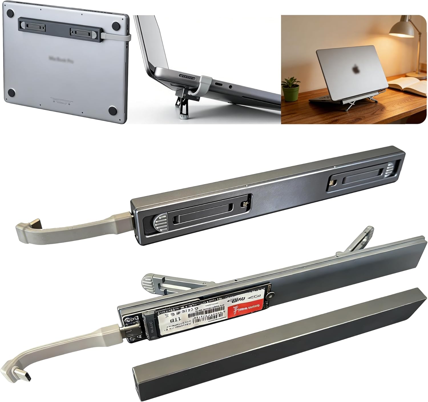 M.2 SSD Enclosure Laptop Stand, USB 3.2 Gen 2 NVMe SATA External Storage, MacBook Add Storage Expansion, 2-in-1 Aluminum Ergonomic Riser (For 16-Inch Laptops)