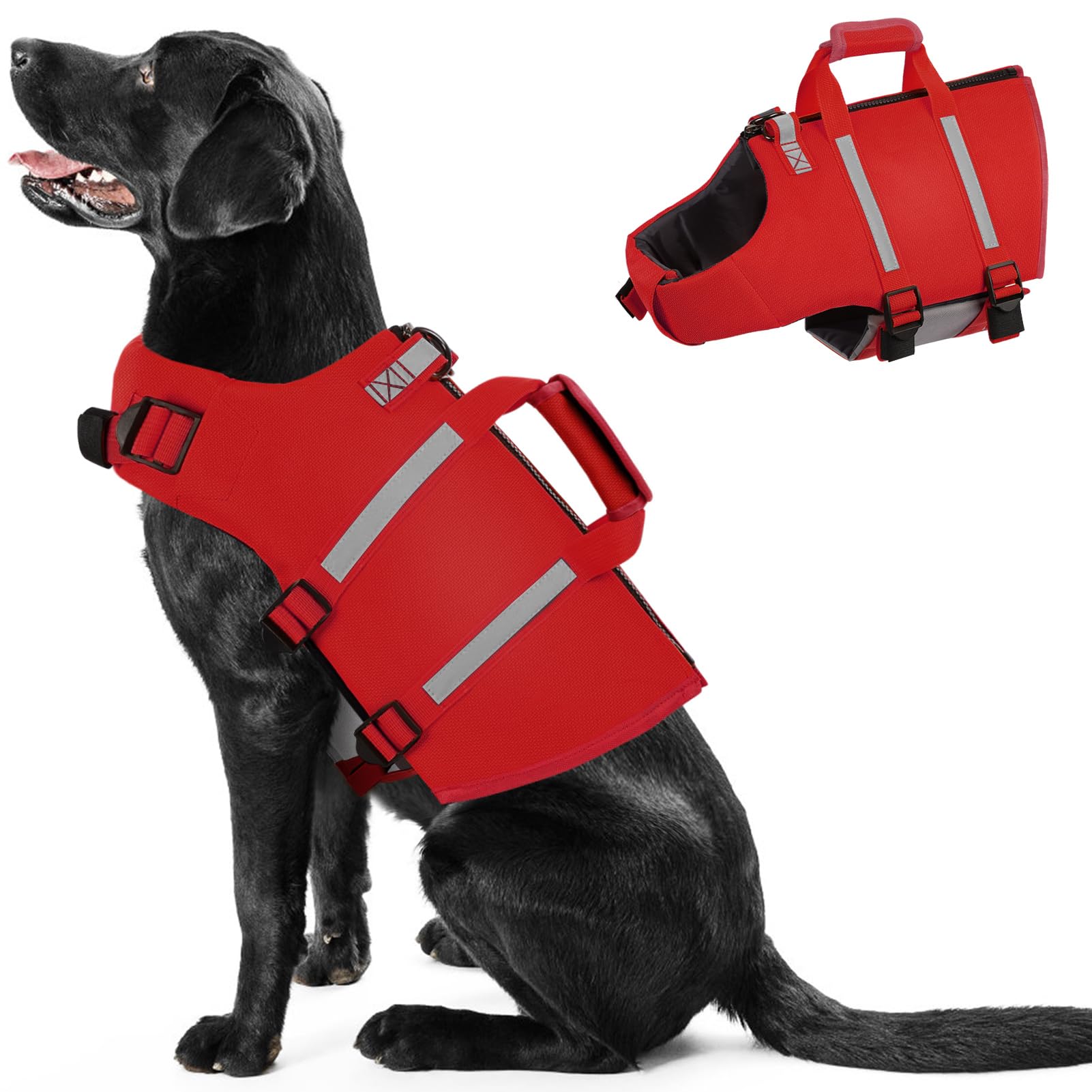 PUZAUKAL Giubbotto Salvagente Cane Ripstop Salvagente per Cani con Manico e Strisce Riflettenti Giubbotto di Salvataggio per Cani regolabile con Buona Galleggiabilità per Nuoto,Spiaggia(Rosso M)