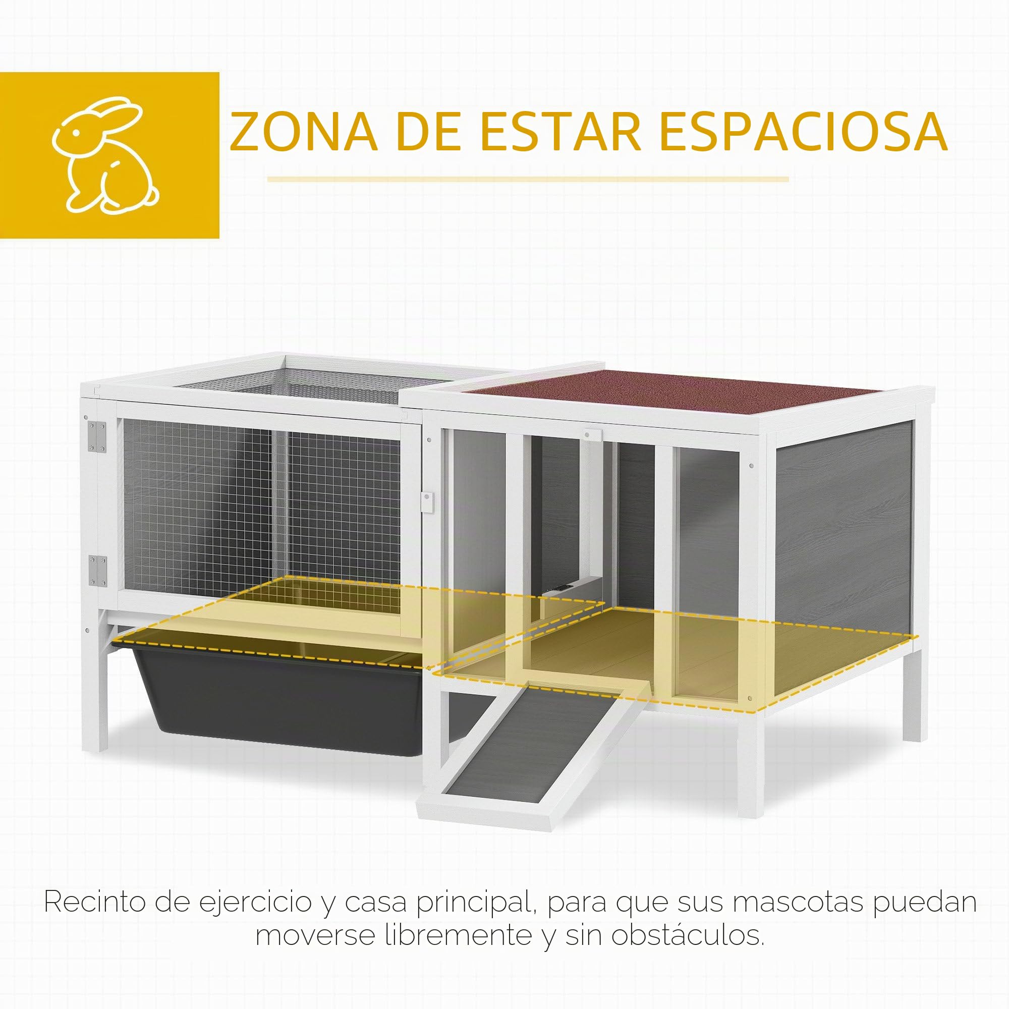Conejera de Madera PawHut con recinto Libre, rampa, 3 entradas, conejera para Animales pequeños con Techo hidrófugo practicable, Bandeja extraíble, para cobayas 105 x 57,5 x 51,5 cm Gris