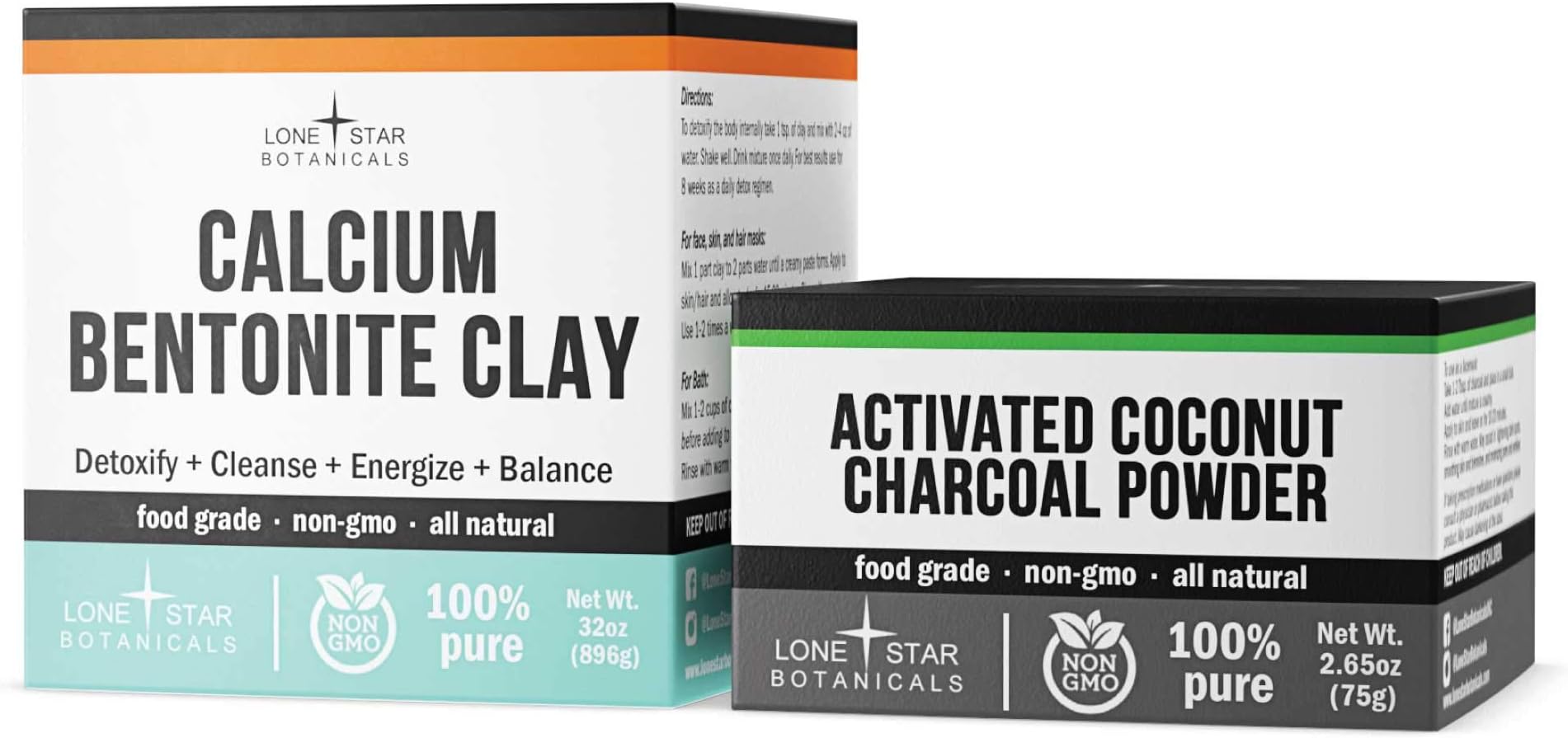 Lone Star Botanicals Bentonite Clay Powder & Activated Charcoal Combo - Pharmaceutical Grade DIY Natural Facial Mask, Teeth Whitening & Homemade Soap Ingredient - Gut Health, Toxin Removal - Pack of 2