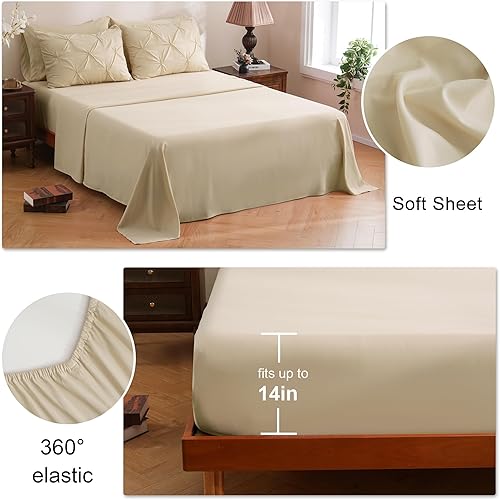 Miniatura 4 de DOWNCOOL Juego de edredón beige de 7 piezas, tamaño matrimonial, ropa de cama con pliegues en una bolsa, juego de ropa de cama de microfibra suave