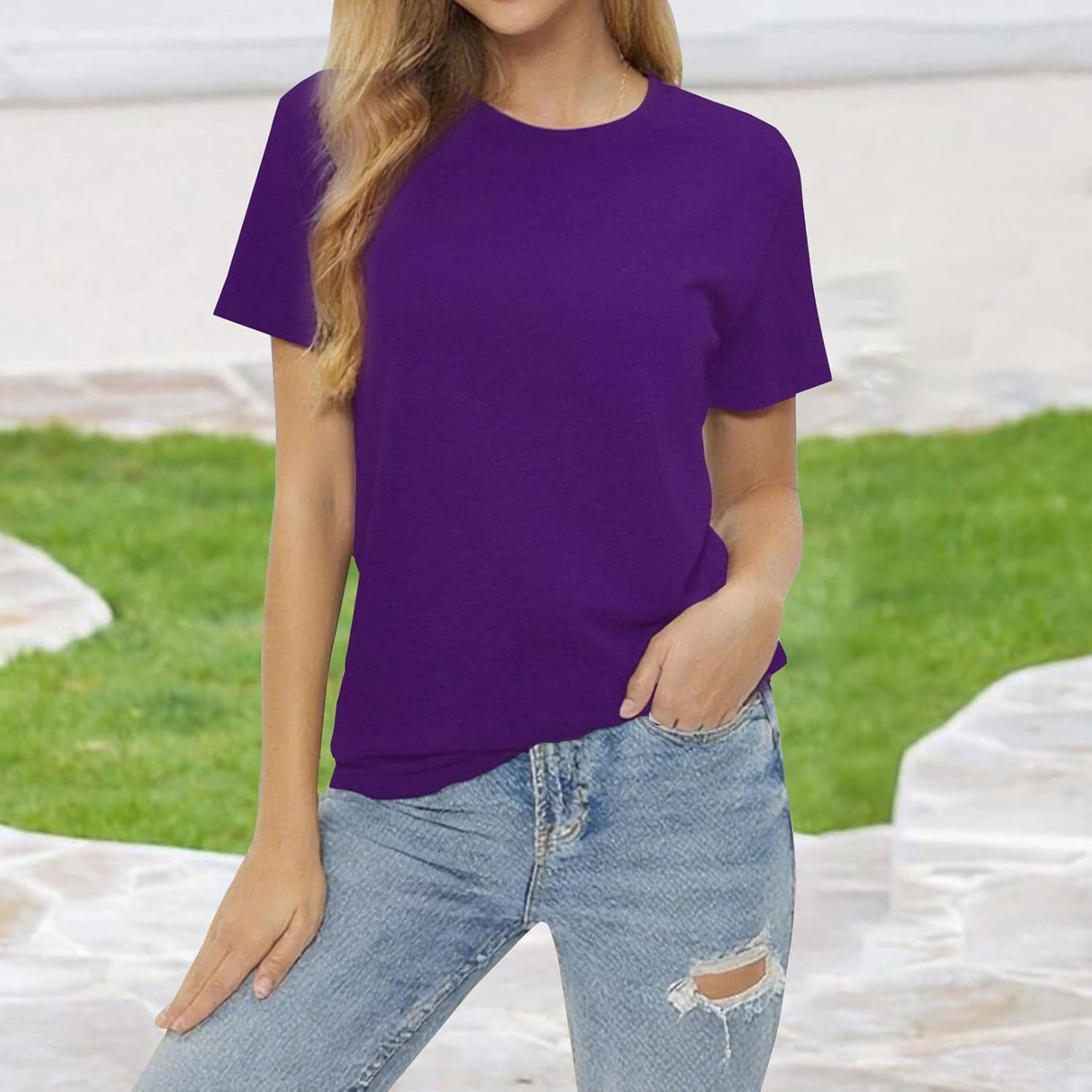 LOOKFACE Women's Summer Short Sleeve Crewneck T Shirts Solid Color Tees Casual Basic Tops - Image 2