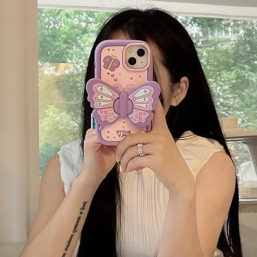 Miniatura 5 de Funda de teléfono de mariposa morada compatible con iPhone 12, bonita funda de mariposa de dopamina de Corea 3D con alas de mariposa, soporte