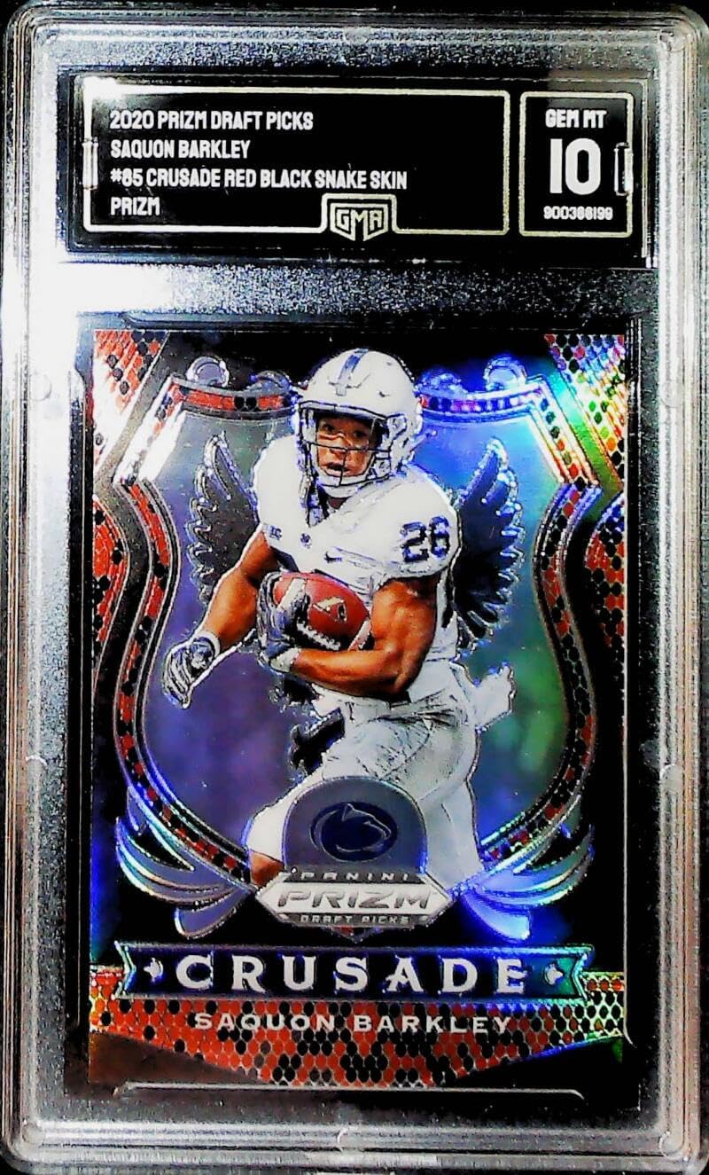 2020 Panini Prizm Draft Picks Prizms Red and Black Snake Skin Football #85 Saquon Barkley Penn State Nittany Lions Crusade GMA 10 GEM MINT Officially Licensed Collegiate NCAA Trading Card