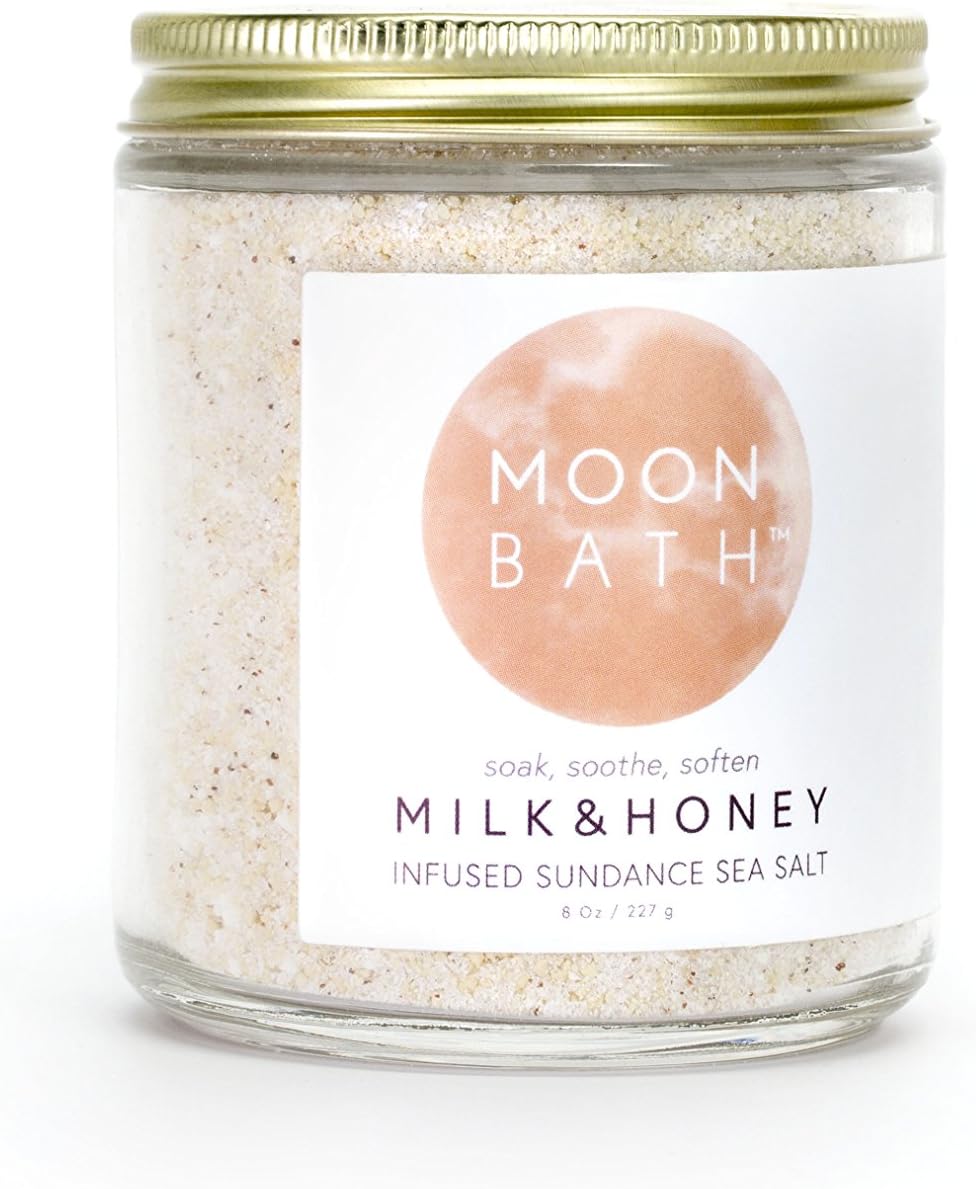 Moon Bath Milk + Honey Sundance Sea Bath Salts | Exfoliating Body Scrub & Bath Soak w/Frankincense, Bergamot & Lavender Essential Oil. Relax, Soothe Muscles, Detox | Organic Body Care, 8 oz.