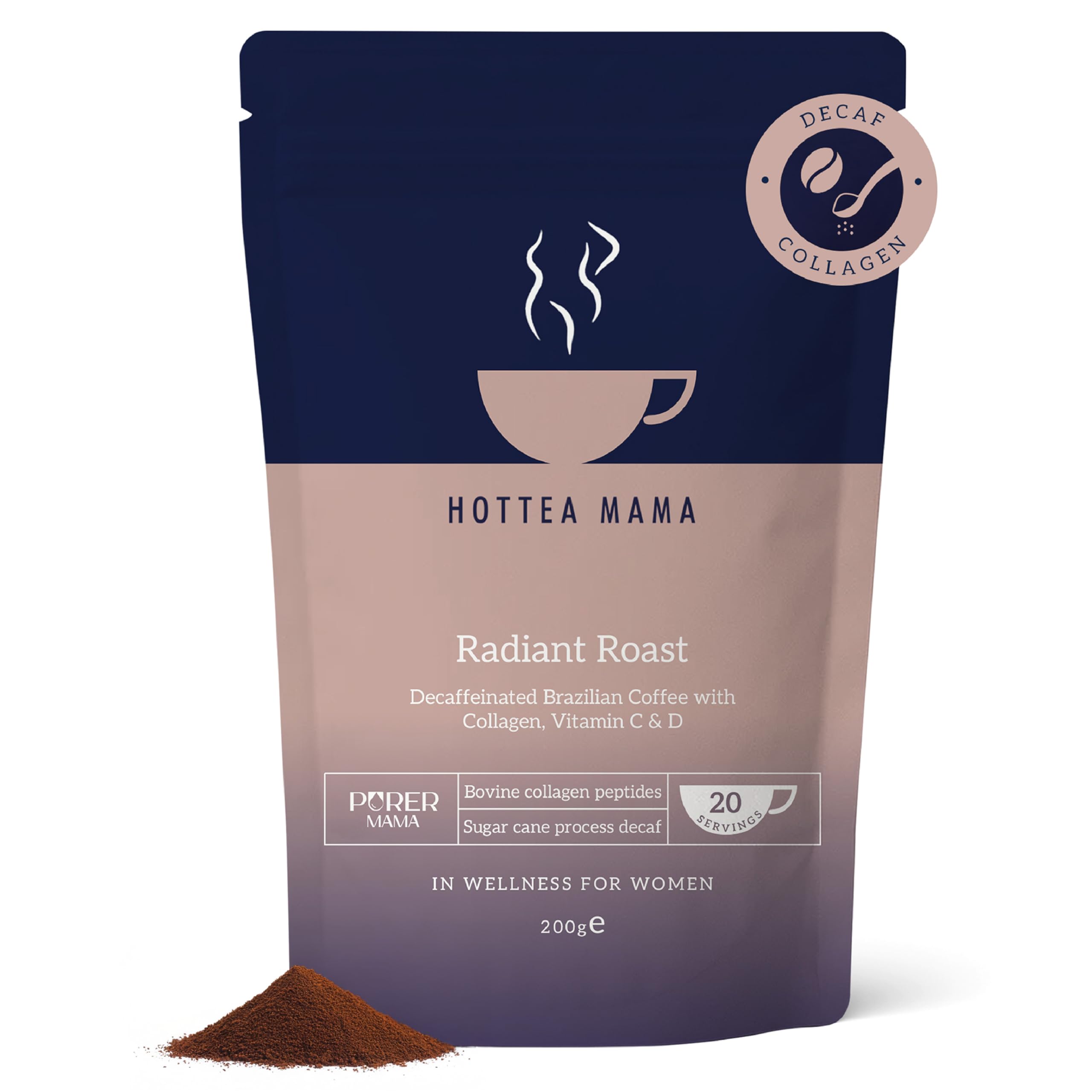 HOTTEA MAMA | Radiant Roast Decaffeinated Collagen Coffee | 200g Ground Coffee | Award-Winning Brand | For Healthy Skin, Hair, Bones & Joints | 20 Servings