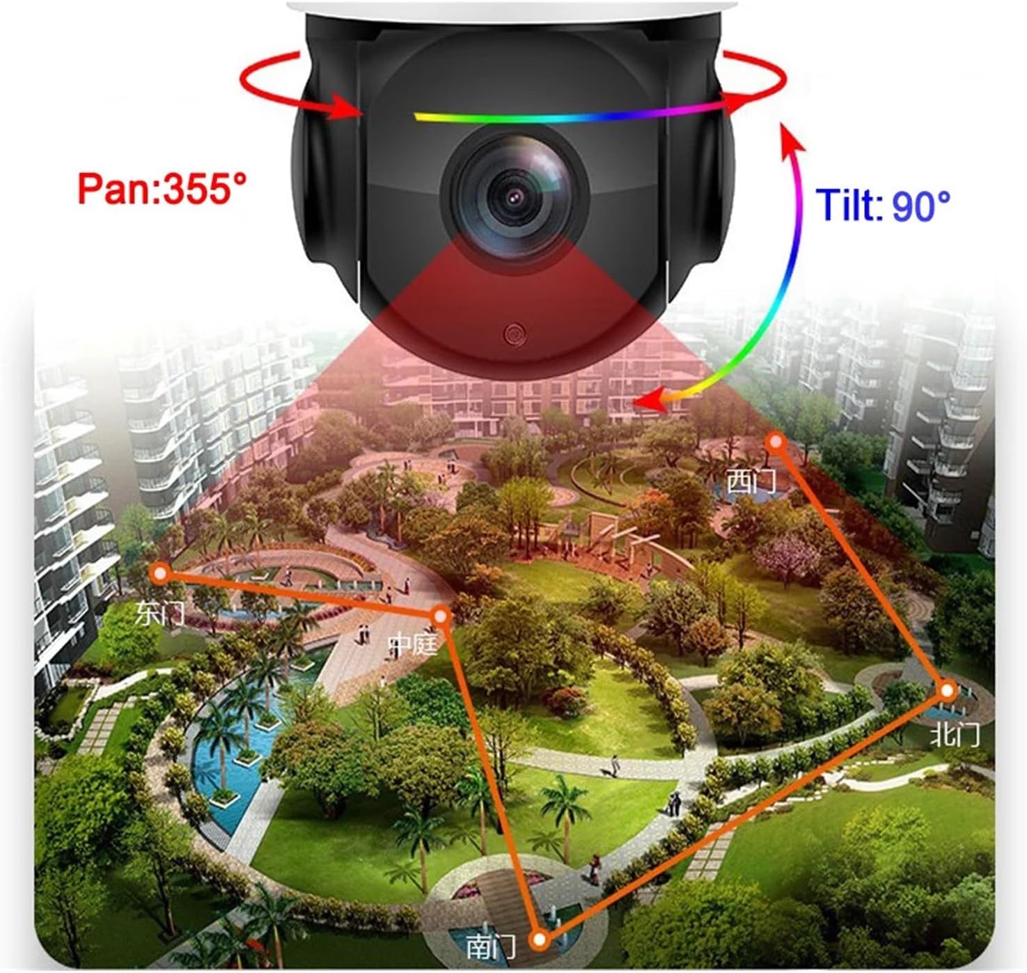 Diagram illustrating the 355 degree pan and 90 degree tilt movement of the PTZ camera, showing its wide coverage area over a park.