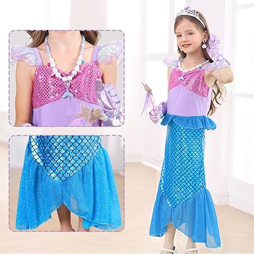 Miniatura 5 de Disfraz de sirena para niñas pequeñas, disfraz de princesa Ariel con accesorios, peluca para fiesta de cumpleaños, Halloween, cosplay