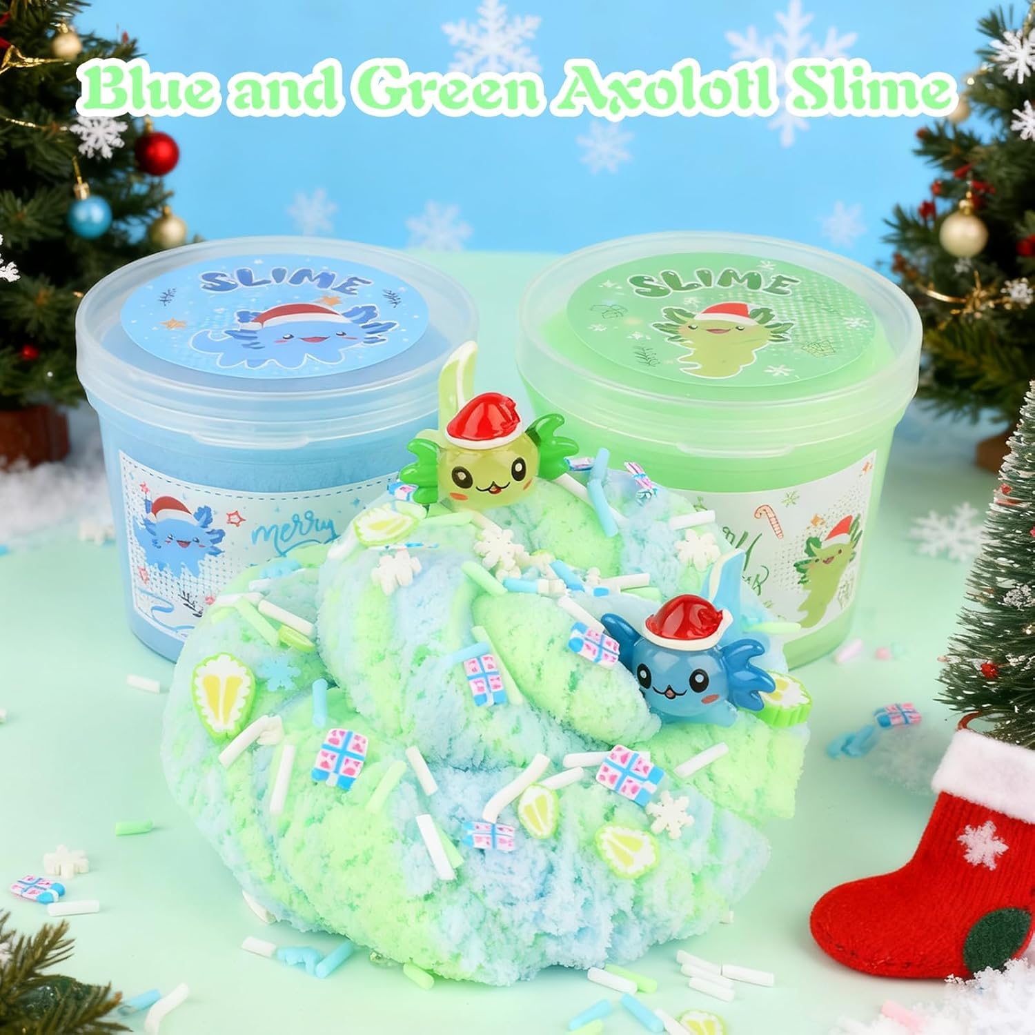 Christmas Axolotl Cloud Slime 6-Pack, Festive Colored Fluffy Slime with Snowy Texture, Jolly Sensory Fidget Toys, DIY Holiday Craft Gifts for Kids & Adults