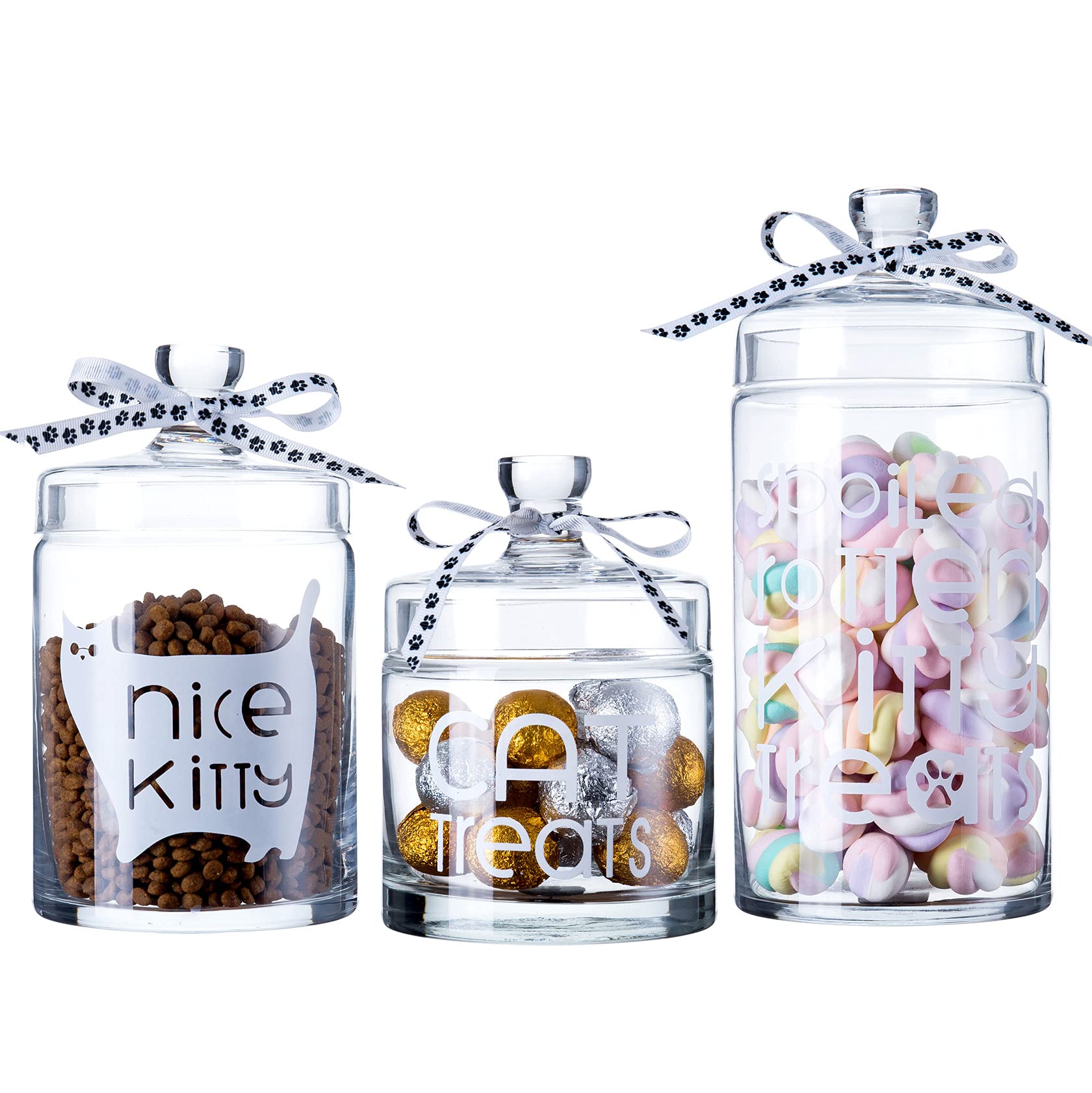 Diamond Star Set of 3 Cat Treat Glass Apothecary Jars Elegant Storage Jar with Lid, Decorative Wedding Candy Organizer Canisters Home Decor Centerpieces (H: 5.9"/7.5"/9.8" D:4.3")