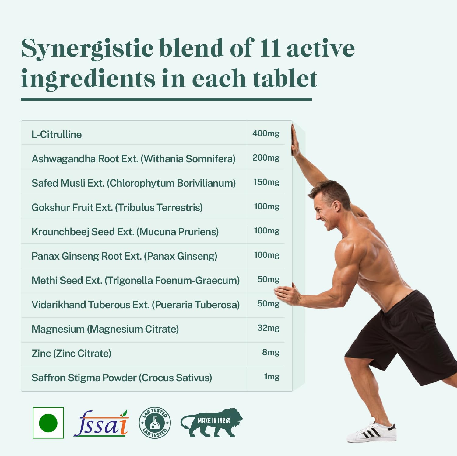 AyurSurge by Sattvic Wellness | Testosterone Support | Male Vitality Supplement | 11 Key Ingredients in Each 1.28g Tablet - L-Citrulline, Ashwagandha, Safed Musli, Gokshura, Panax Ginseng, Krounchbeej, Methi, Vidarikhand, Magnesium, Zinc and Saffron | Boosts Stamina, Energy & Confidence | 60 Tablets — Amazon image 4