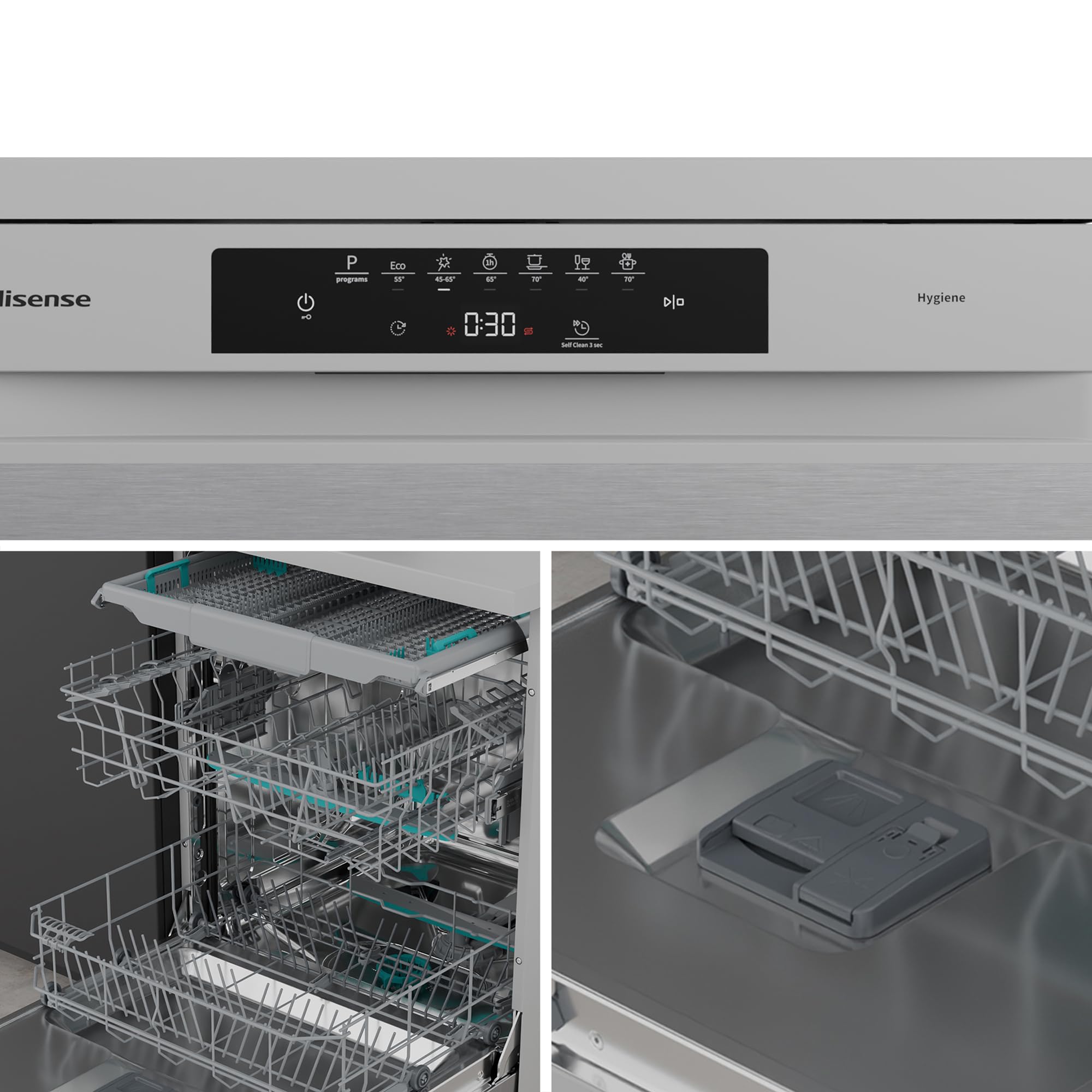Hisense HS643B90X - Lavavajillas Clase B, 15 Servicios, Fondo 60cm, Secado Extra, Programa Automático, Tercera Bandeja, Programa Corto 1 hora, 15 Servicios, Aqua Protect System, Control Táctil, Inox