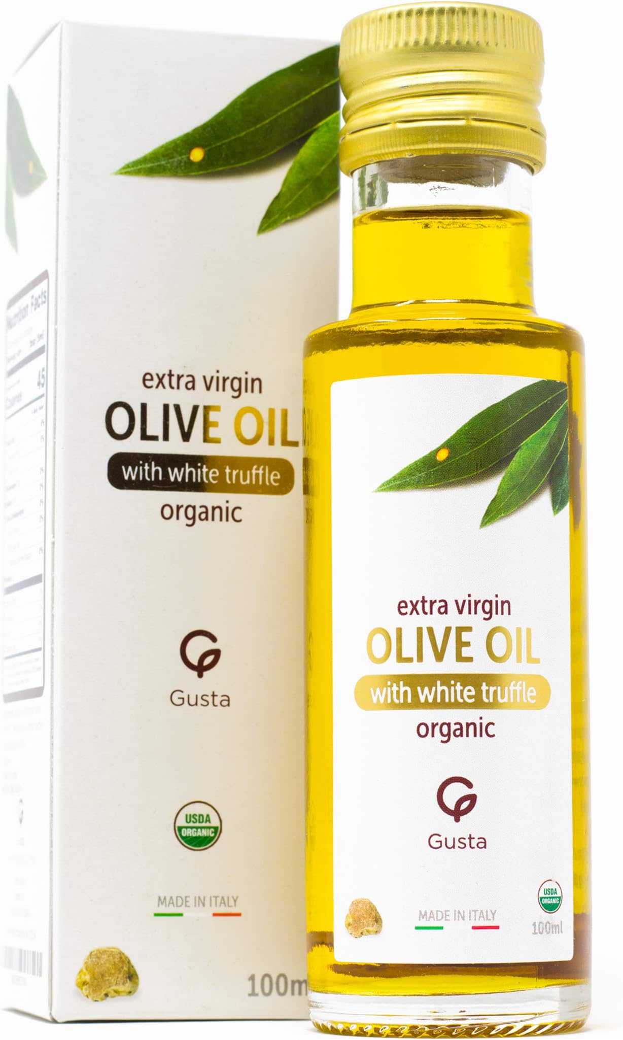 Gusta USDA Organic White Truffle Oil Made in Italy - All Natural - Cold Pressed Extra Virgin Olive Oil - Gourmet Food Seasoning - Perfect Salad Dressing - Vegan, Non-GMO & Gluten-Free - 100ml