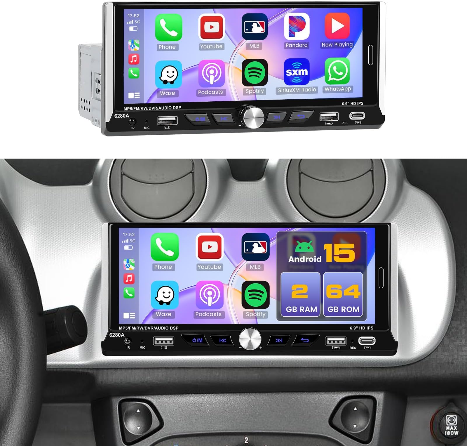 2+64G Single Din Car Stereo Wireless Apple CarPlay Android Auto, 6.9 inch Android 15 Touch Screen Radio WiFi Bluetooth GPS FM RDS USB/Type-C+Free AHD Backup Cam