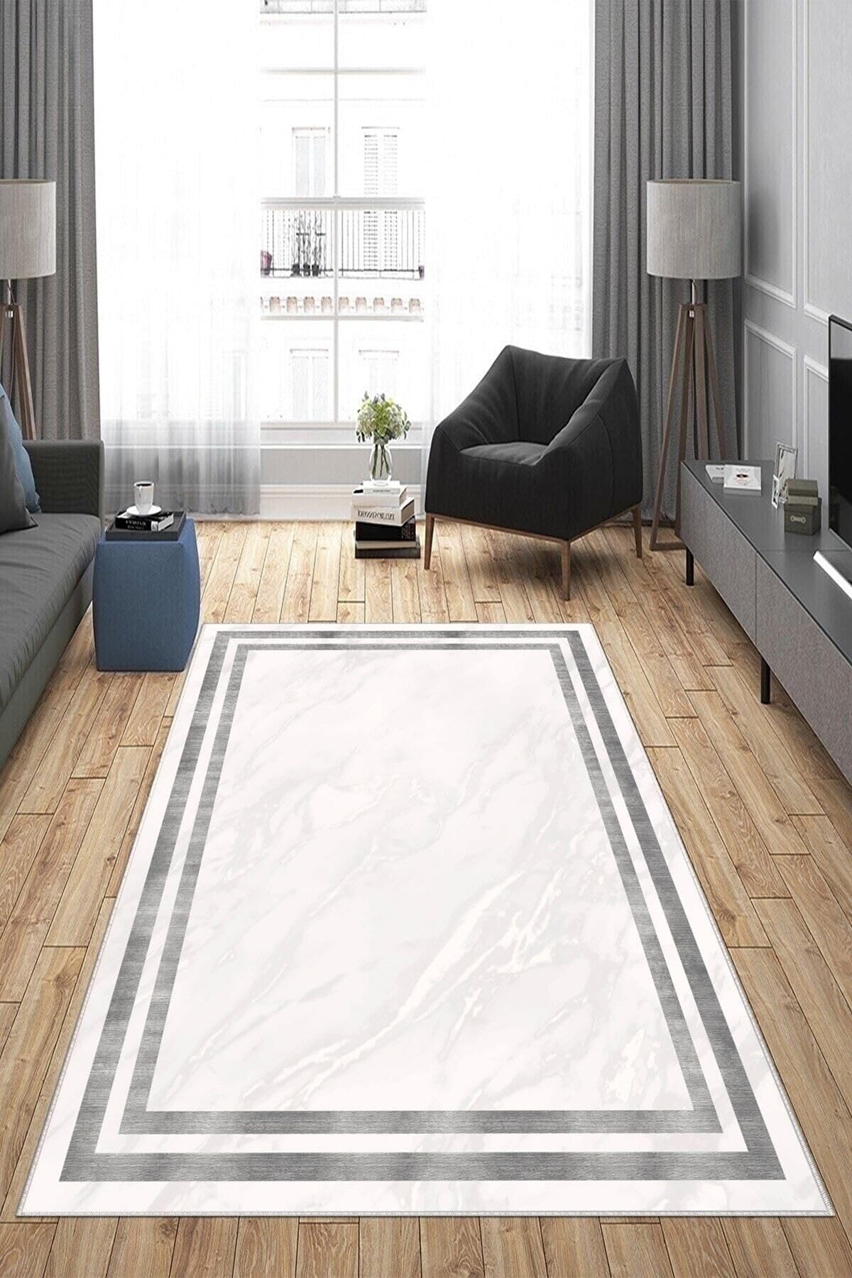 Pelangi Beyaz Zemin Mermer Desenli Yıkanabilir Kaymaz Taban Leke Tutmaz Modern Salon Halısı Ve Yolluk, Beyaz-Gri 160 x 230, 74571203160230728