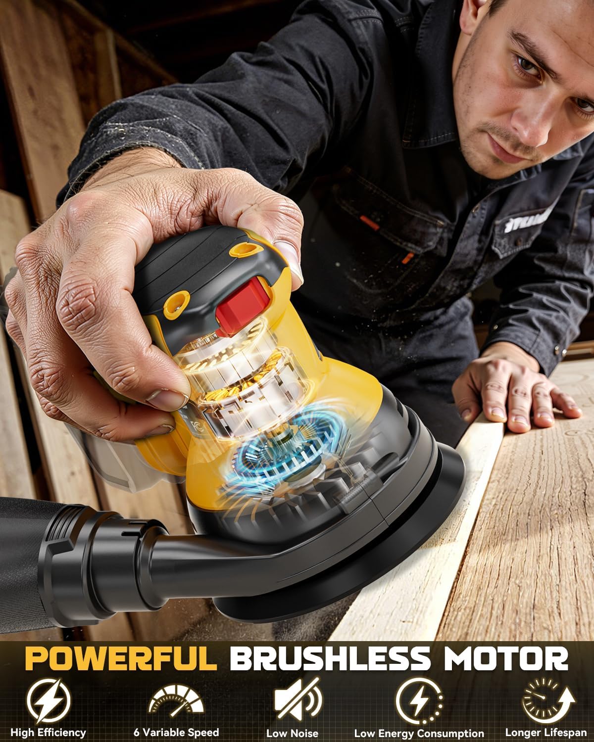 Ecarke Random Orbital Sander Compatible With Dewalt Battery (No Battery) 15000 RPM 5" Random Orbit Sander Tool with 6 Speeds & Dust Bag & 10 Sandpapers for Woodworking Sanding Polishing Carpentry