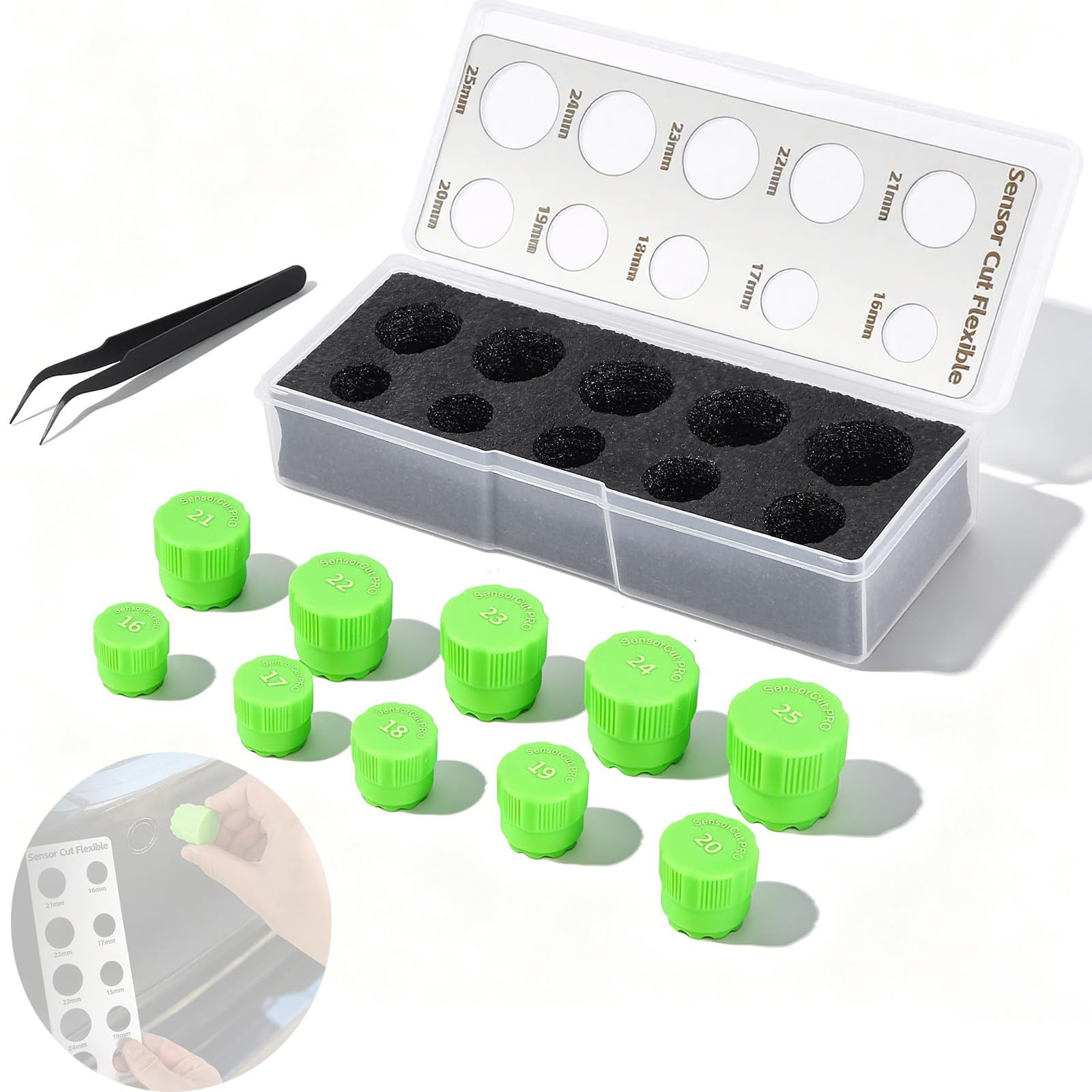 Sensor Cutter Kit, 16-25mm Parksensor-kit Lochfräser für PDC Sensoren Cutter Parksensoren Fahrzeugsensoren Kratzfester Bruchsicherer Autofolien Schablonenschneider In 10 Größen für Fahrzeugfolien