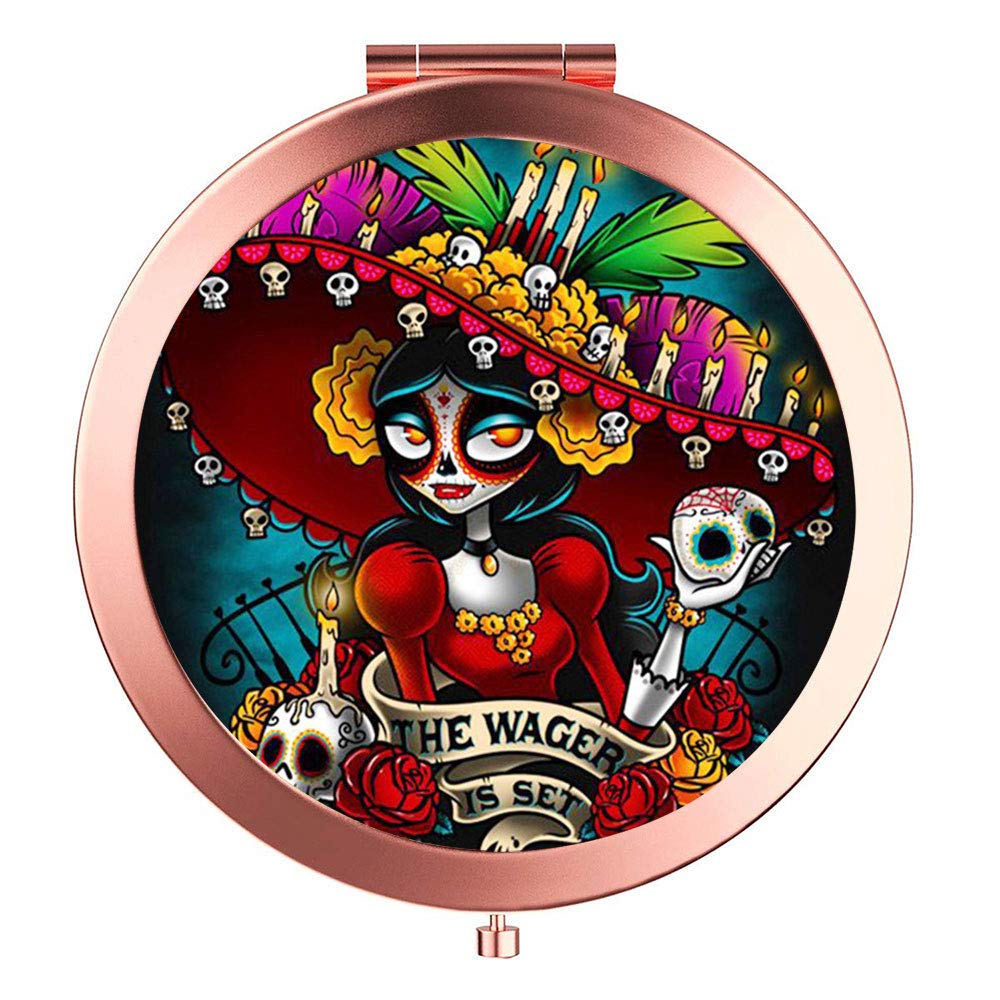 Makeup Mirror with Magnification, Portable Pocket Makeup Compact Mirror Double Sides with Powerful 2X Magnification and 1x True View Mirror for Travel, Purses and Gift-[Sugar Skull]