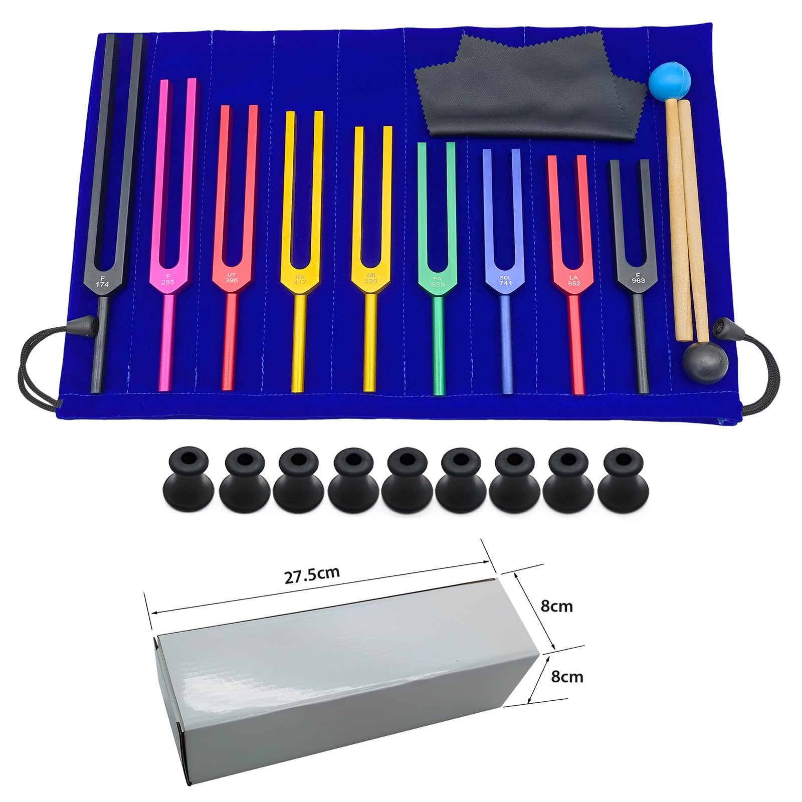 Diapasón Solfeggio, Set de 9 Diapasones de Colores en Aleación de Aluminio con 2 Martillos de Silicona, para Yoga y Relajación (174 Hz, 285 Hz, 396 Hz, 417 Hz, 528 Hz, 639 Hz, 741 Hz, 852 Hz, 963 Hz)