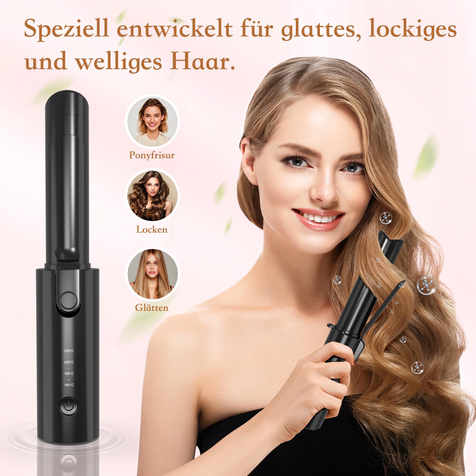 Kabellose Lockenstabbürste, Tragbare Reise Lockenstab, 6800 mAh USB-aufladbare Mini Lockenbürste Stylingbürsten mit Negativen Ionen, 4 Stufig Regelbare Temperatur 160-220℃(Schwarz)