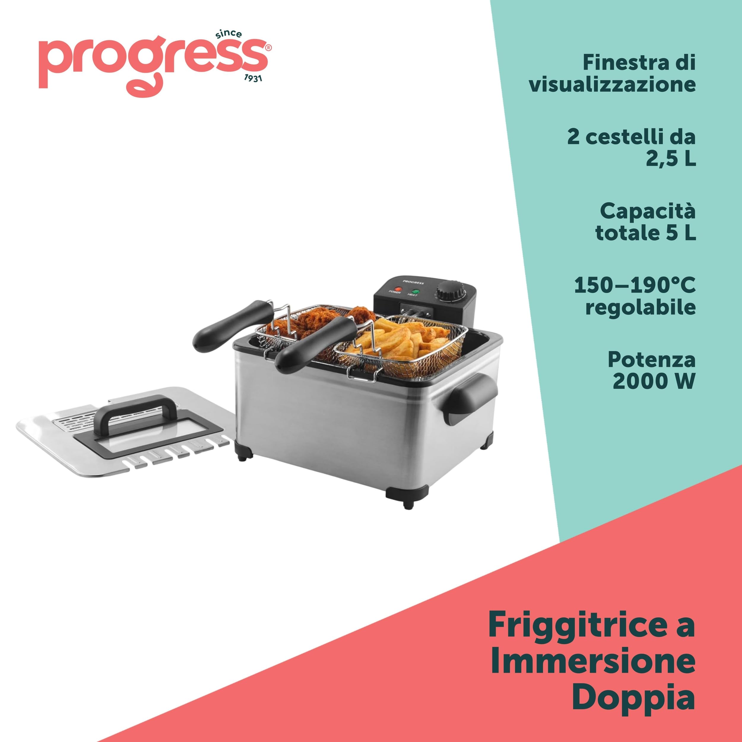 Progress 5L Friggitrice a Immersione - 2 x 2.5L, Cestello e Coperchio Antiaderenti Removibili, 150-190°C, Finestra di Visualizzazione, Controllo della Temperatura Regolabile, Spia di Accensione, 2000W