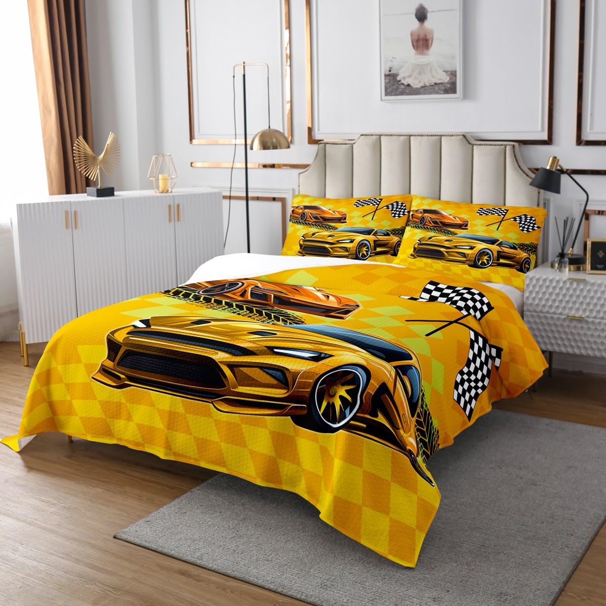 Race Car Teens Quilt Bedding Set Queen Size,Black White Check Racing Flag Bedspread Coverlet for Girls Teens,Boys Yellow Sports Car Print Soft Polyester Quilt Set, All Season