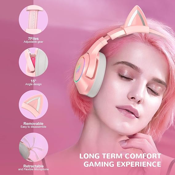 PHNIXGAM Pink Gaming Headset for PS4, PS5, Xbox One(No Adapter), Wired Over-Ear Headphones with Detachable Cat Ears, Microphone, RGB Backlight, Surround Sound for PC, Mobile Phone
