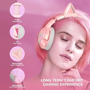PHNIXGAM Pink Gaming Headset for PS4, PS5, Xbox One(No Adapter), Wired Over-Ear Headphones with Detachable Cat Ears, Microphone, RGB Backlight, Surround Sound for PC, Mobile Phone