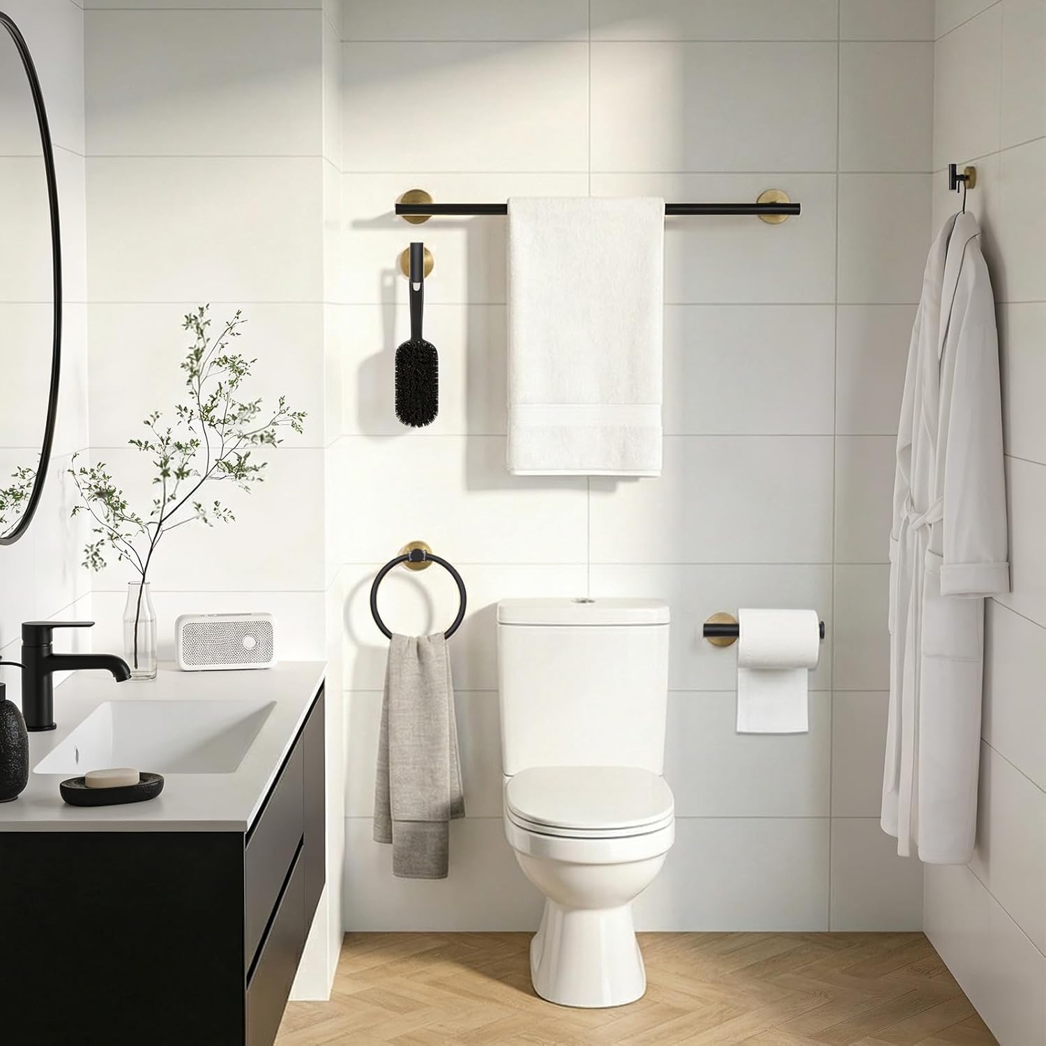 24 Inch Usable Towel Bar, 5-Piece Matte Black and Gold Bathroom Accessories, SUS304 Stainless Steel Towel Ring Holder, Toilet Paper Holder with 2 Hooks, Wall Mounted Modern Bathroom Hardware Set