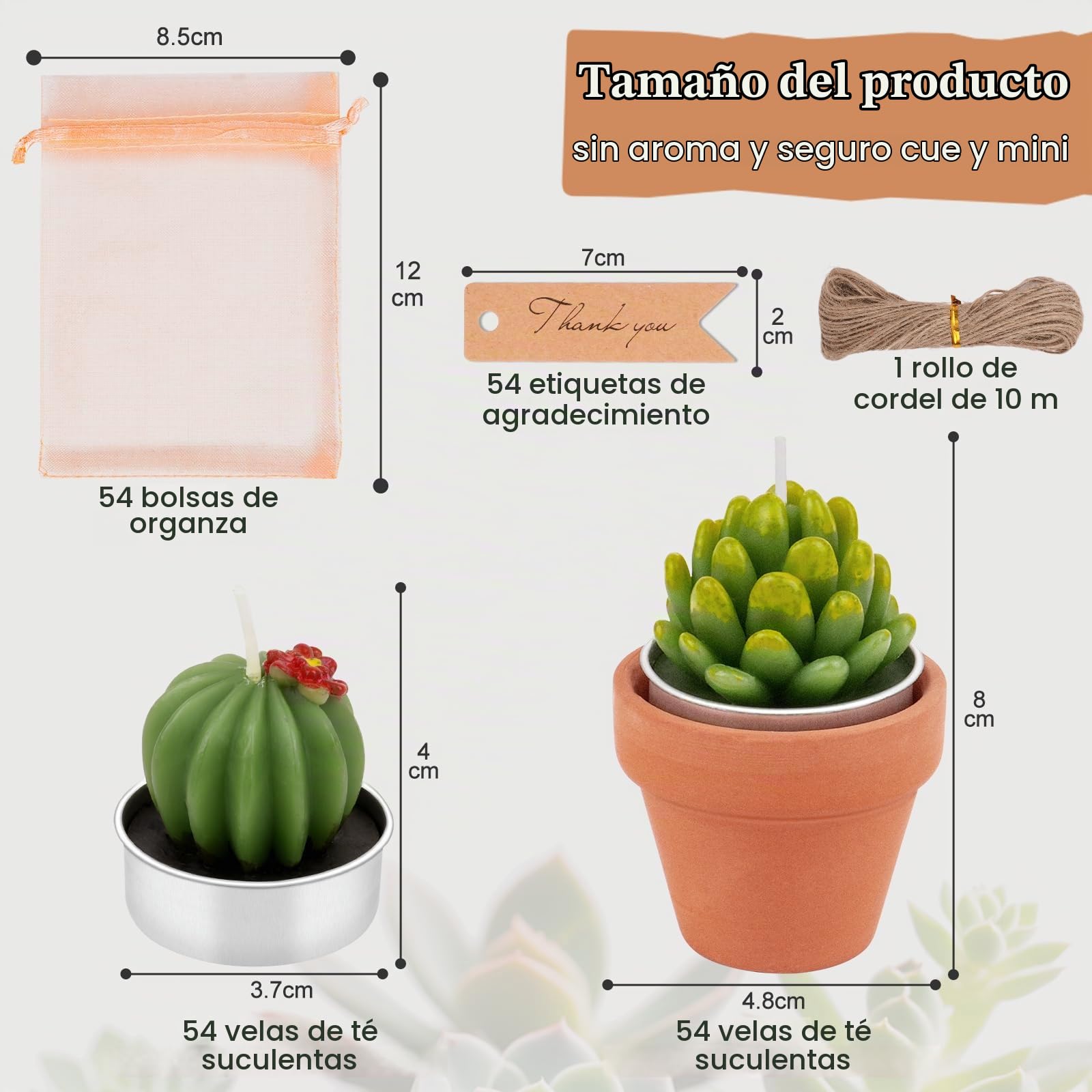 Juego de 54 velas de cactus suculentas, mini velas de té para baby showers, decoraciones de plantas de cactus con mini portavelas de arcilla de terracota para boda, cumpleaños, aniversario