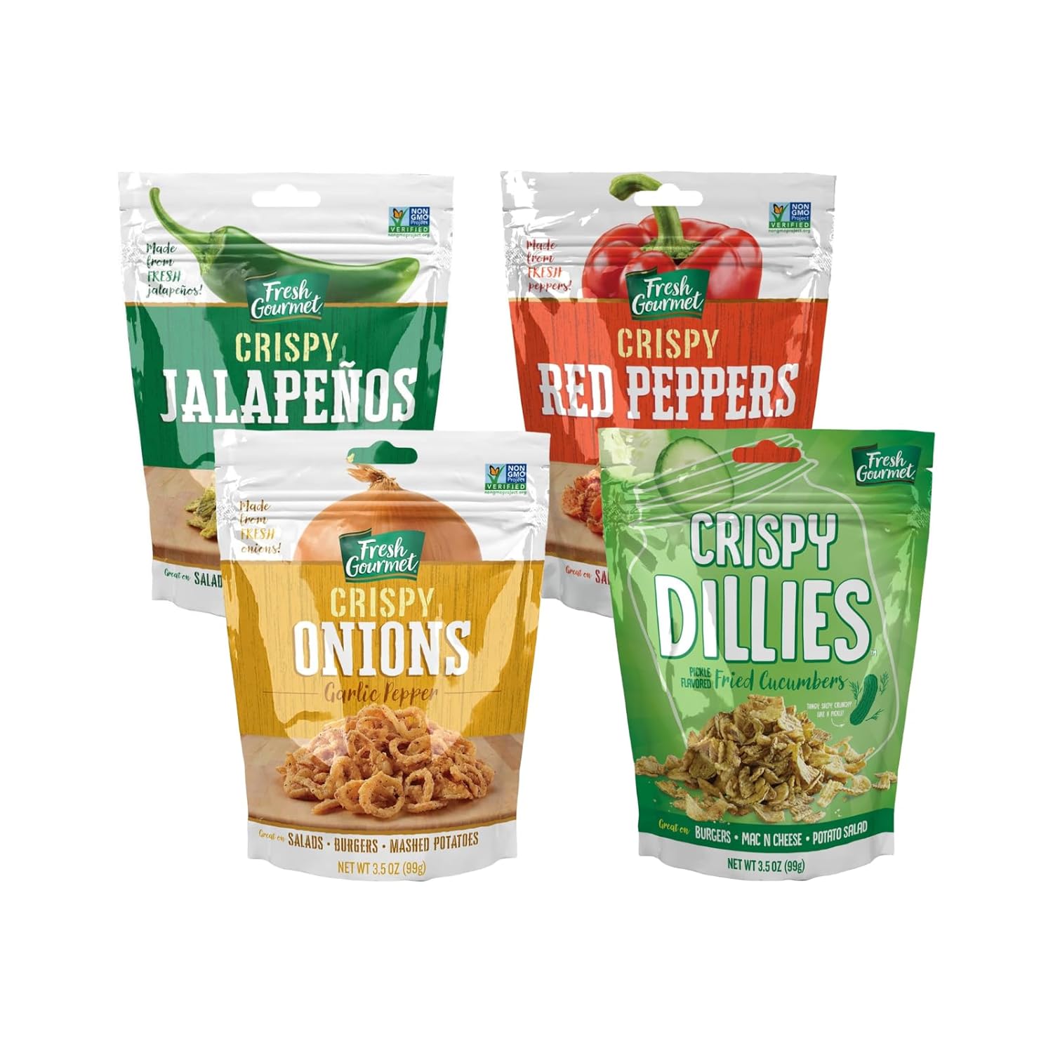 Fresh Gourmet Bold Flavor Crunch Toppers Variety Pack – Crispy Dill Pickle, Jalapeño, Garlic Pepper Onions & Red Peppers – Zesty, Crunchy Salad & Sandwich Garnishes, 4-Pack (3.5 oz Each)