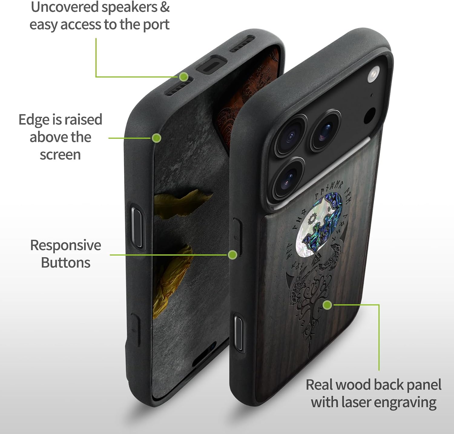 Carveit Magnetic Case for iPhone 17 Pro Max Case, Wood Artisan Engraved & Handmade Shell Inlaid, TPU Shockproof Cover, Compatible with MagSafe Wireless Chargers (Yin Yang Wolf-Blackwood)
